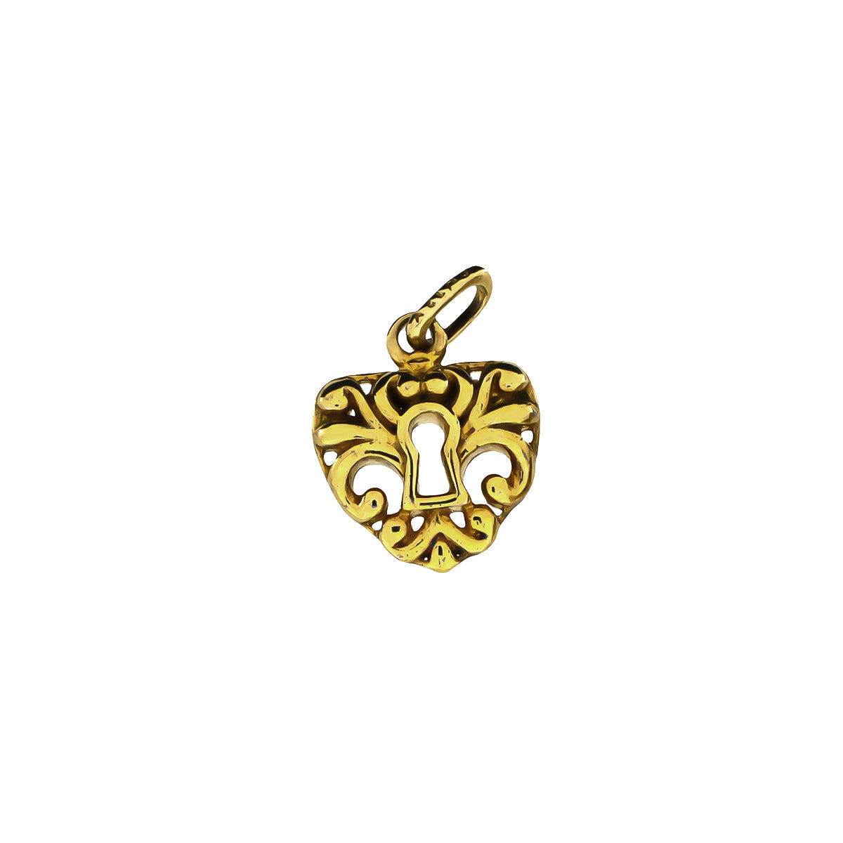 Intricately designed gold vermeil heart-shaped link charm featuring a decorative filigree pattern and a central keyhole detail, crafted with elegant contours.