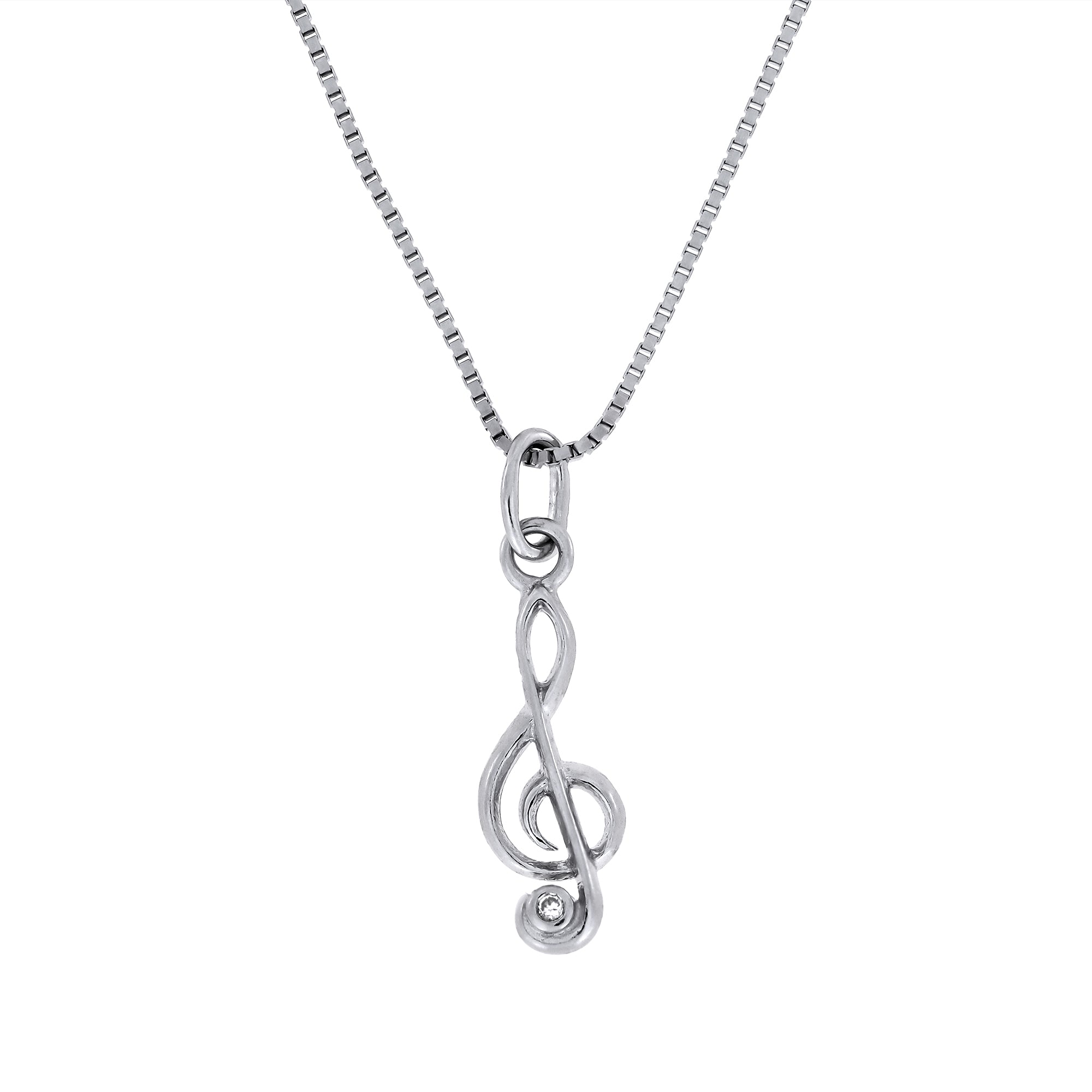 Sterling silver necklace featuring a sculptural treble clef pendant accented with a sparkling cubic zirconia, suspended from a fine chain for elegant everyday wear.