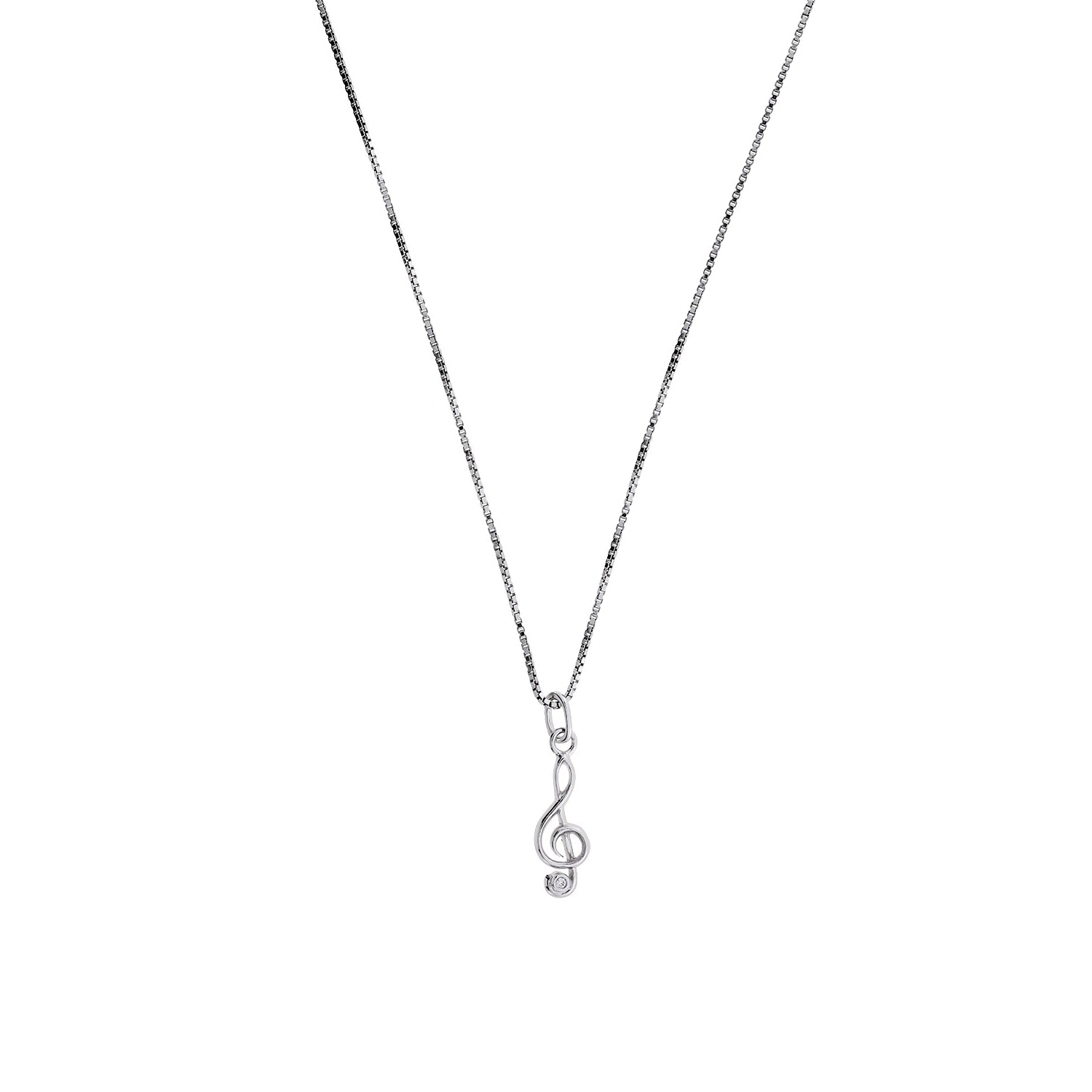 Sterling silver necklace featuring a sculptural treble clef pendant accented with a sparkling cubic zirconia, suspended from a fine chain for elegant everyday wear.
