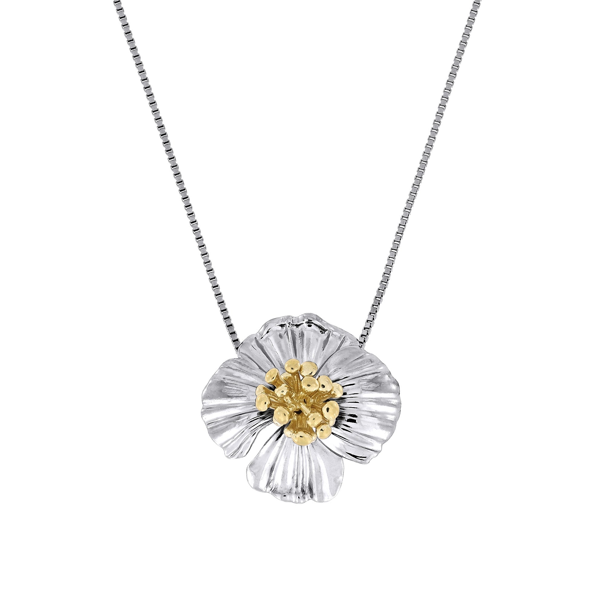 Sterling silver pendant shaped as a sculptural poppy flower with textured petals and polished gold vermeil detailing at the center, suspended from a fine chain.