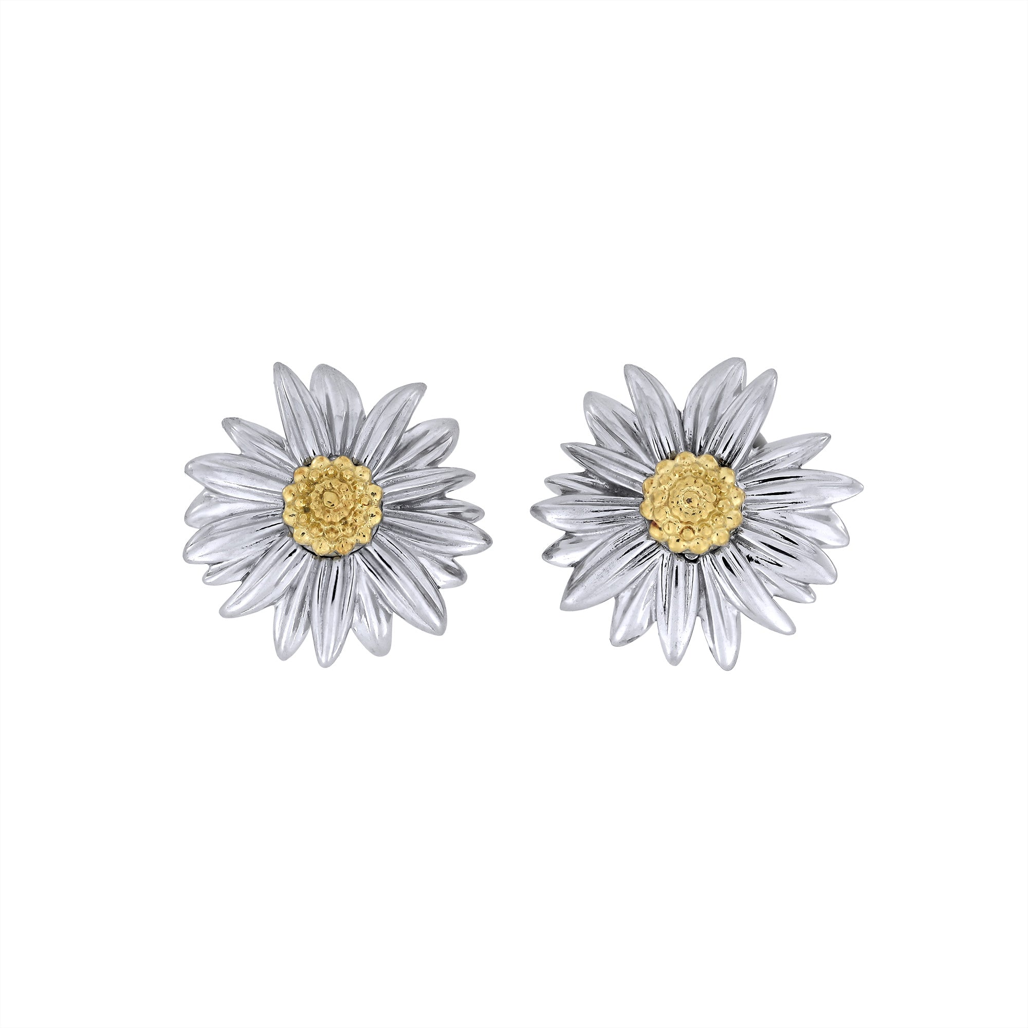 Sterling silver earrings designed as detailed marigold flowers with textured gold vermeil centers, showcasing refined craftsmanship in a sculptural floral motif.