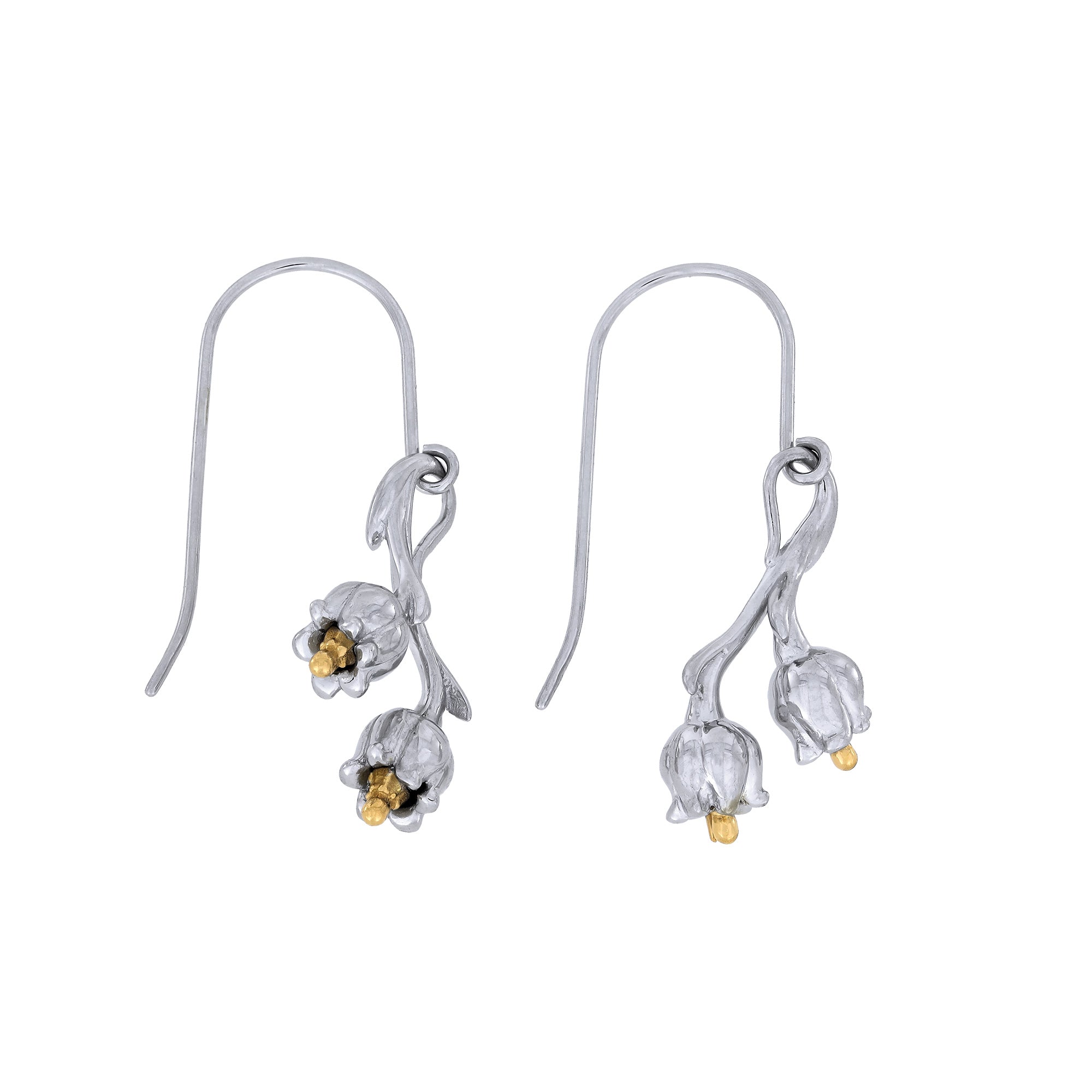 Sterling silver earrings inspired by lily of the valley flowers, featuring delicate sculpted blossoms with subtle gold vermeil accents on curved drop hooks.