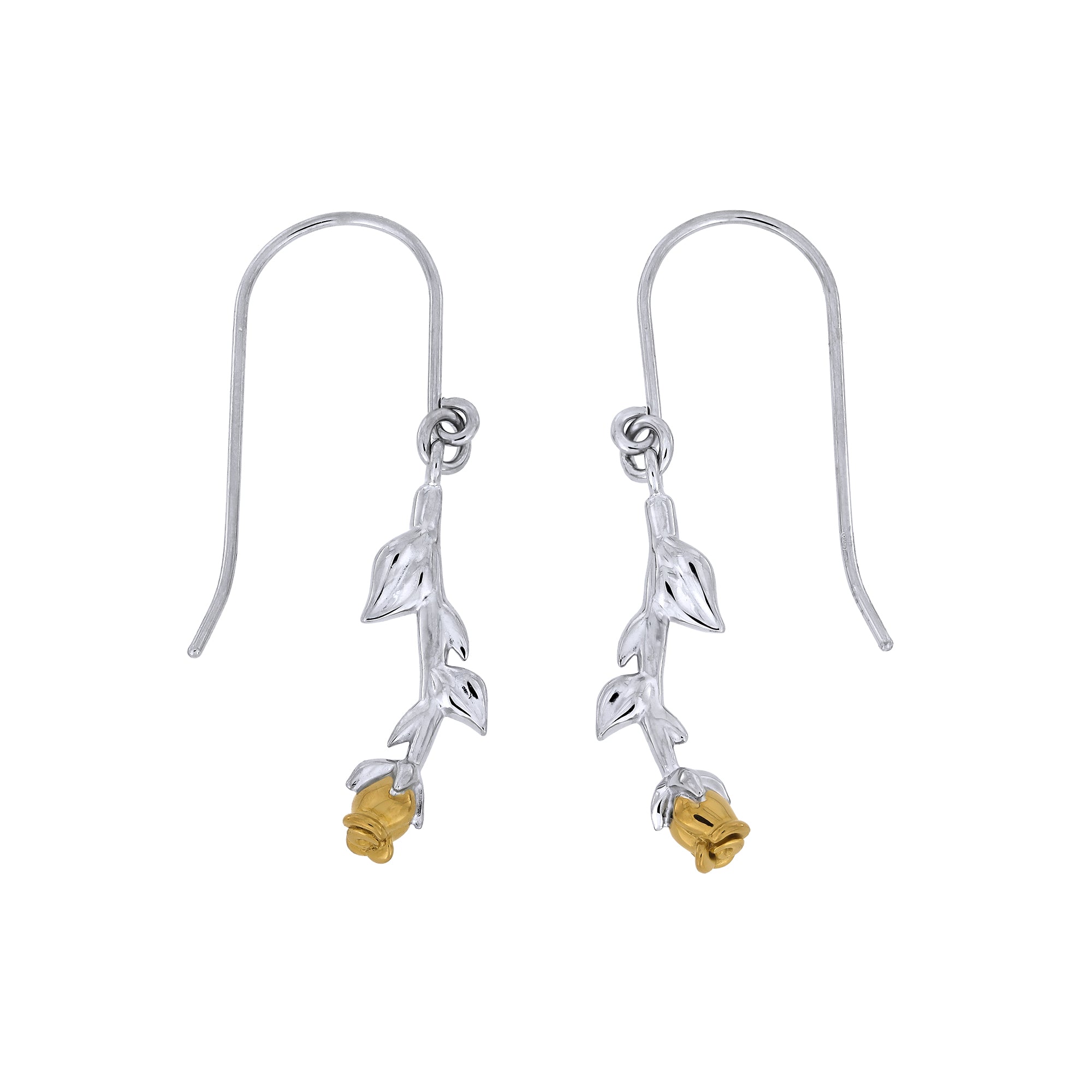 Delicate sterling silver drop earrings featuring sculptural leaf motifs with golden rosebud accents, blending nature-inspired design with expert British craftsmanship.