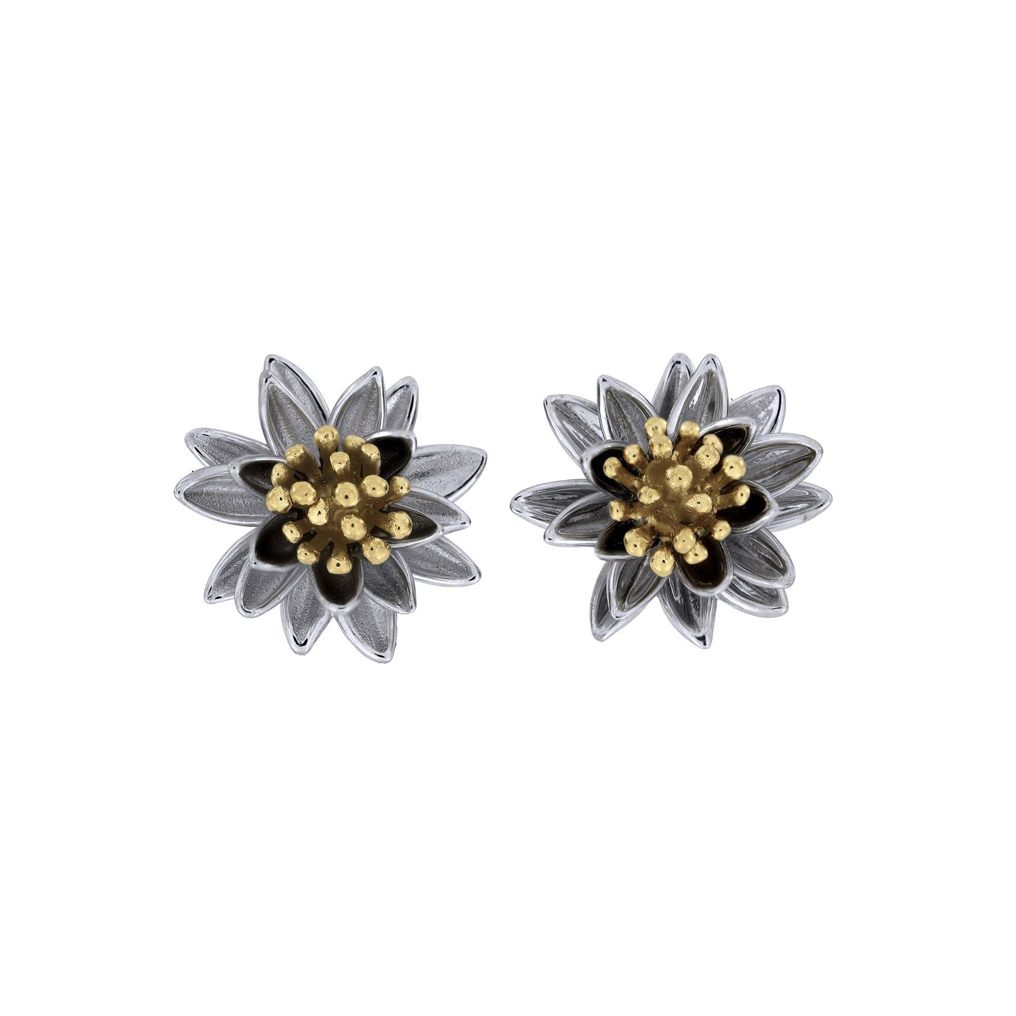 Sterling silver earrings designed as intricate water lily flowers with textured gold vermeil centers, showcasing a refined and sculptural botanical motif.