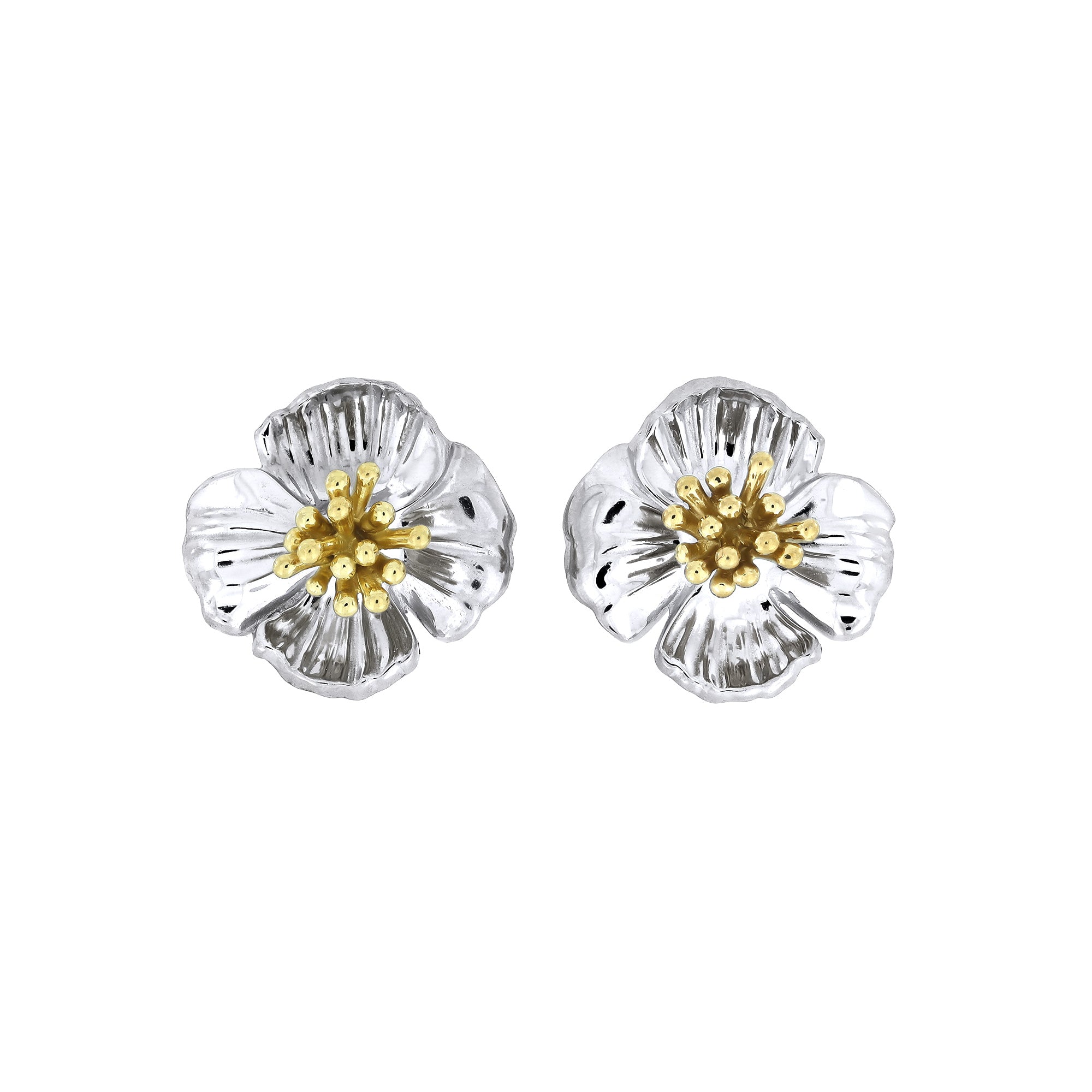 Sterling silver earrings shaped as detailed poppy flowers with textured petals and gold vermeil accents at the center, showcasing expert British craftsmanship.