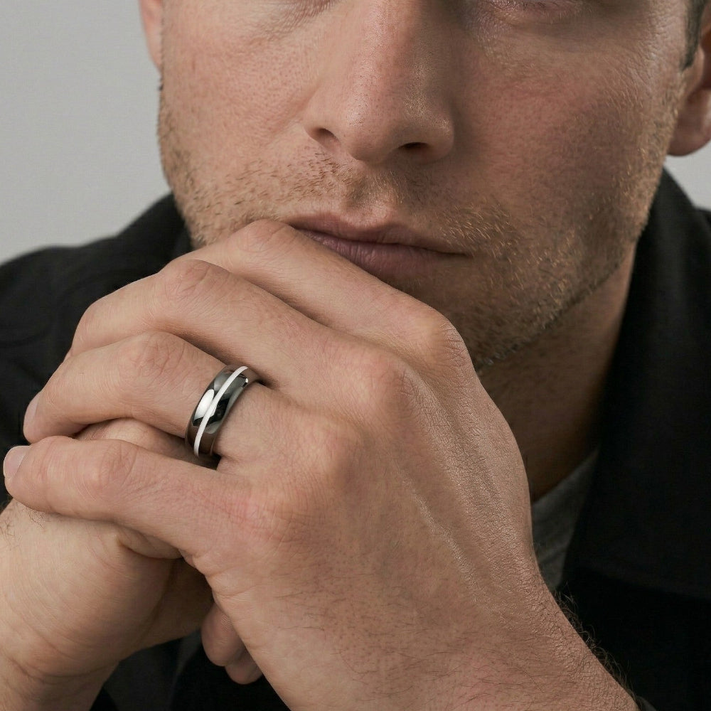 Wide Tungsten Court Ring with Silver Stripe