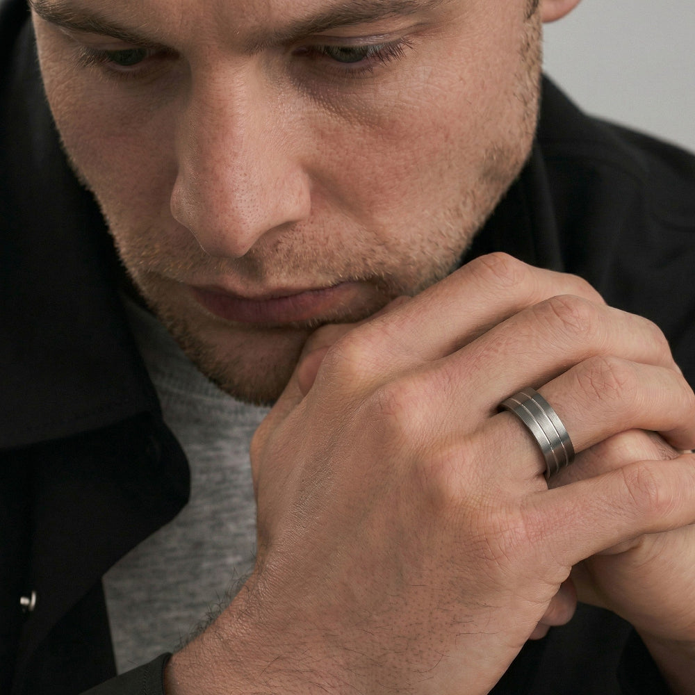 Titanium & Slim Silver Stripes Ring