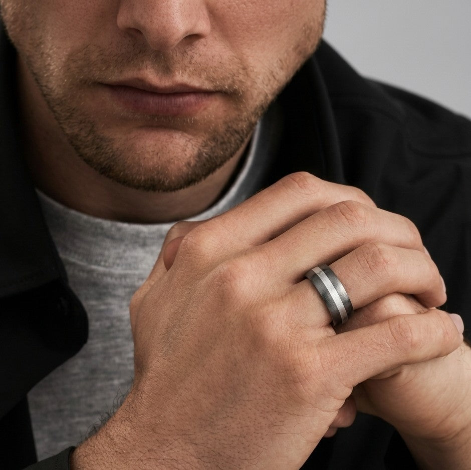 Titanium & Silver Stripe Court Ring