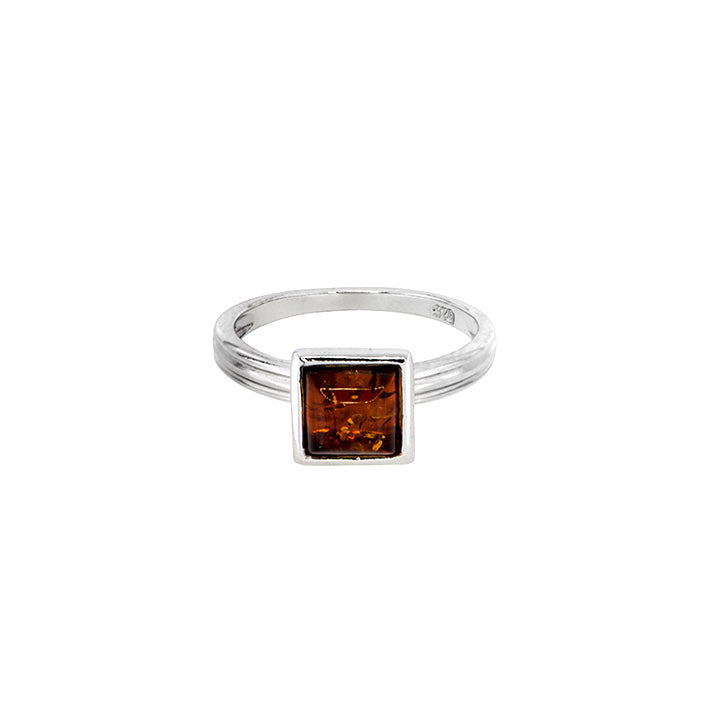 Silver Square Amber Ring