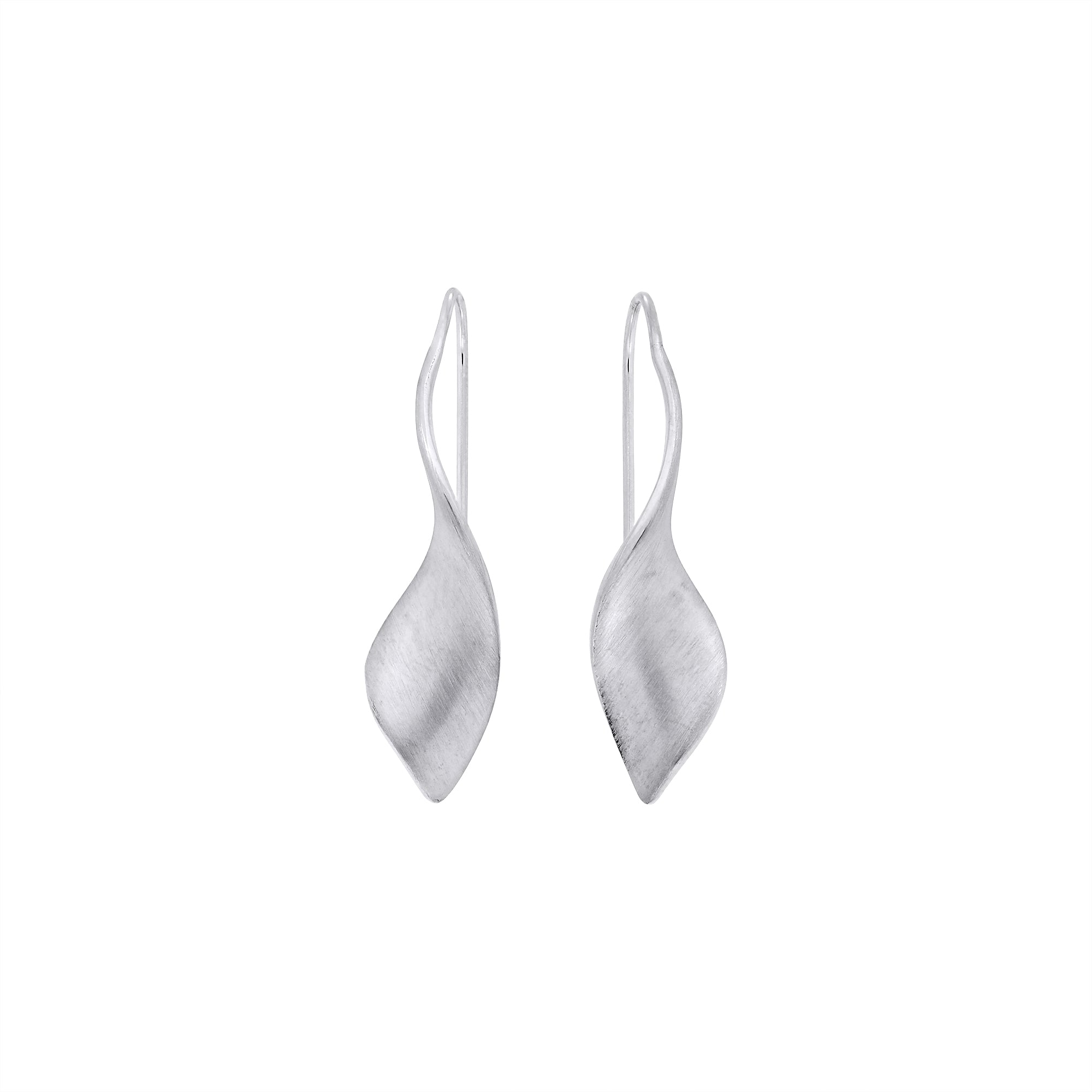 A pair of silver twist drop earrings with a satin finish and polished hook.