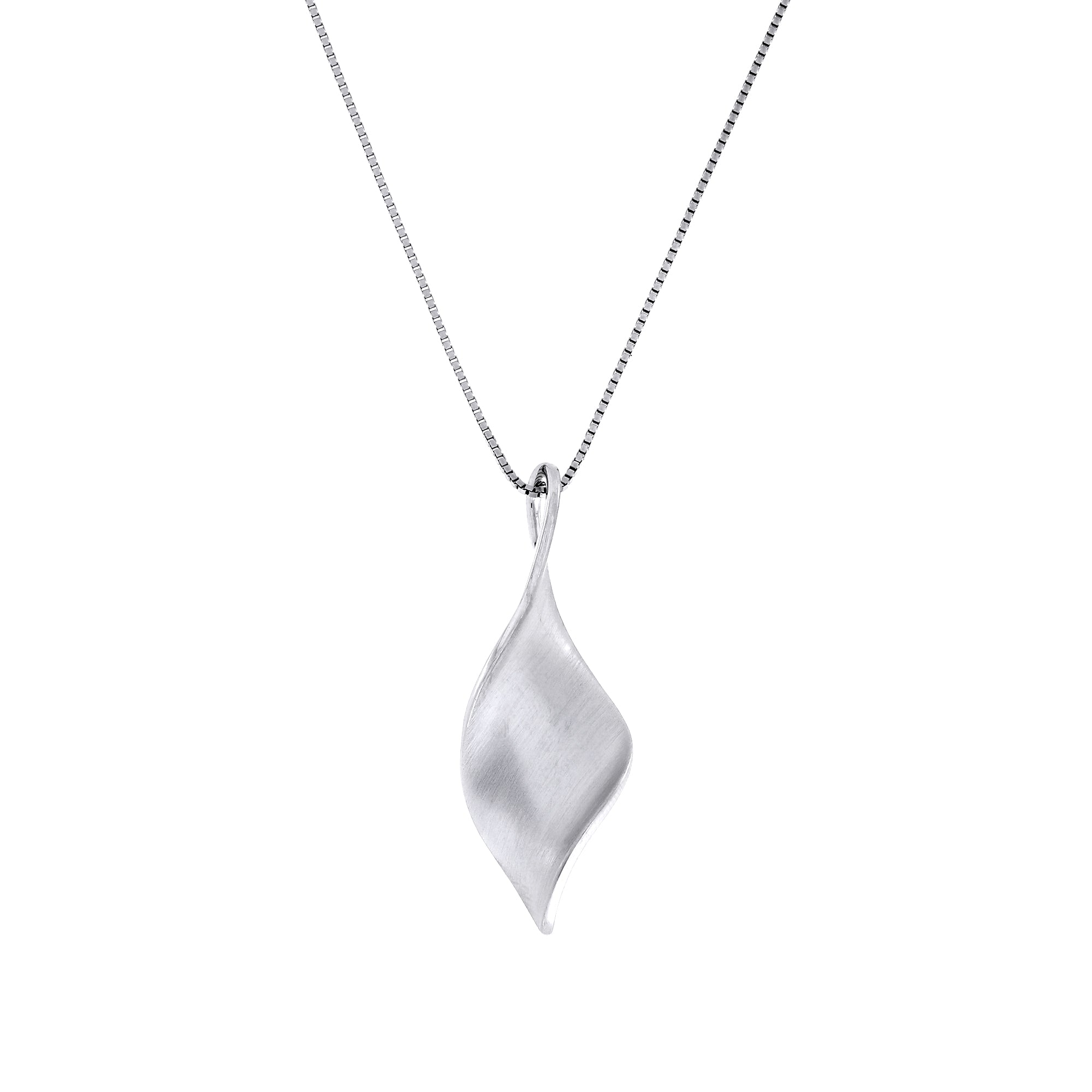 A silver twist pendant with a smooth satin finish on an adjustable box chain.