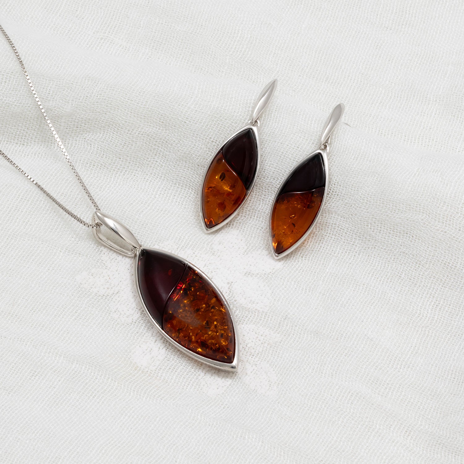 Silver Two Coloured Amber Leaf Pendant