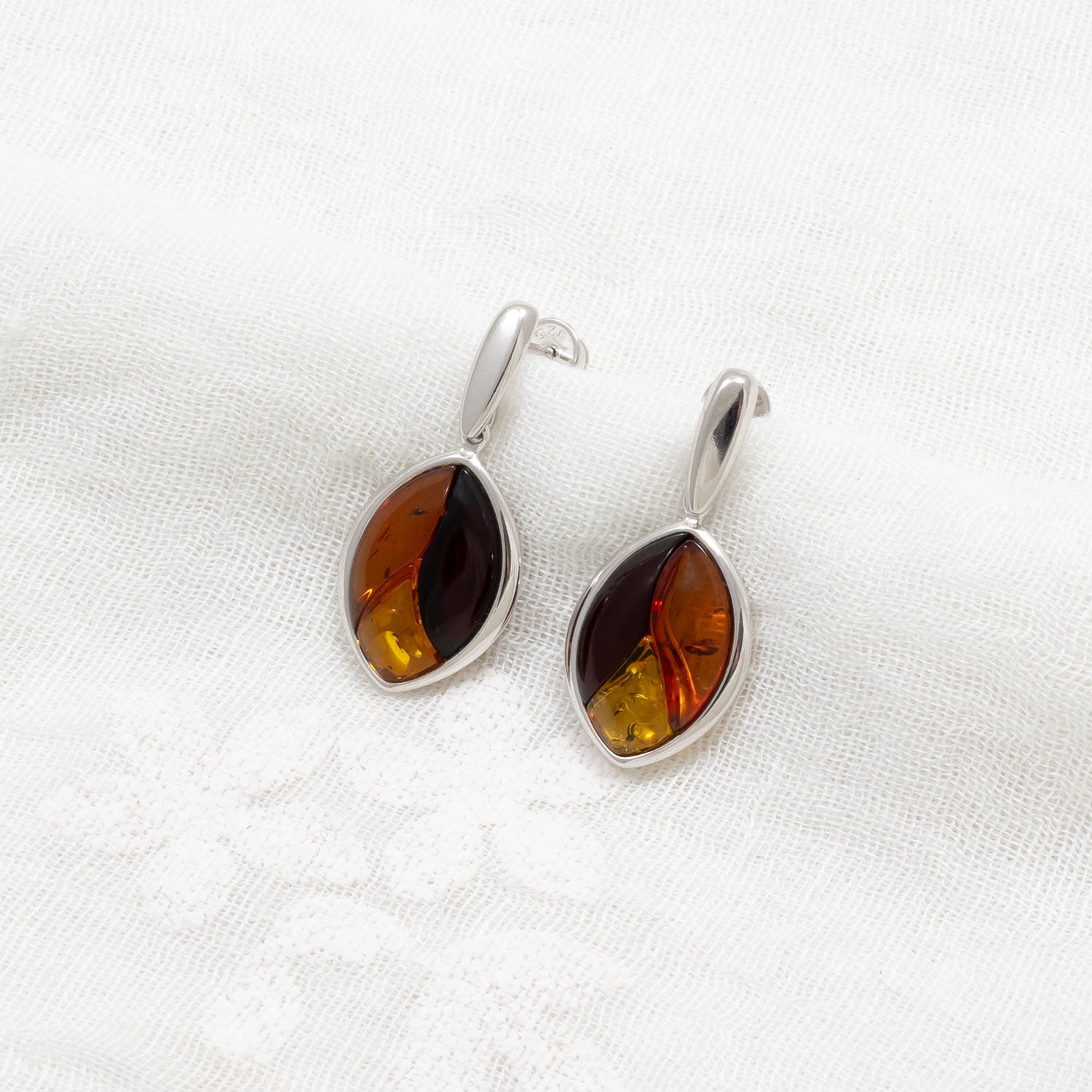 Silver Three Colour Amber Leaf Earrings