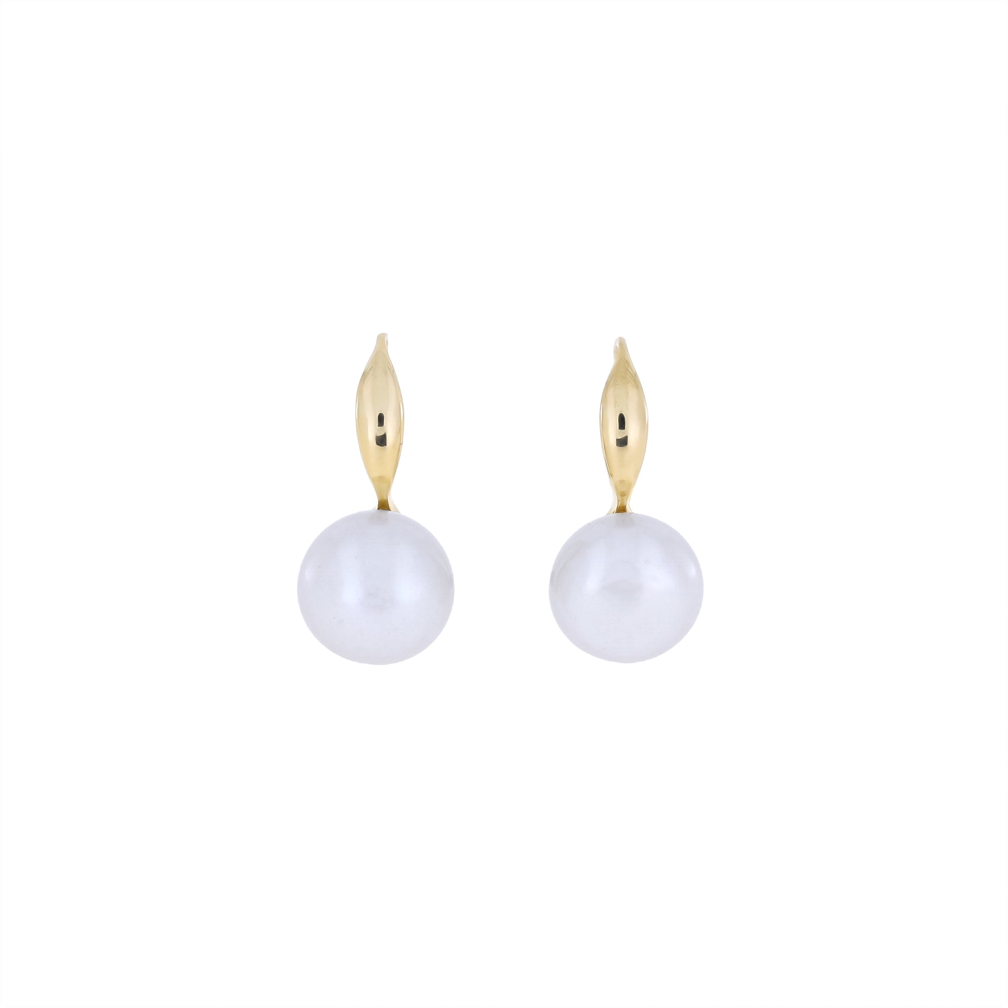 Pair of 9 carat gold drop earrings featuring lustrous freshwater pearls, showcasing a refined and sculptural design in contemporary fine jewellery by Azendi.