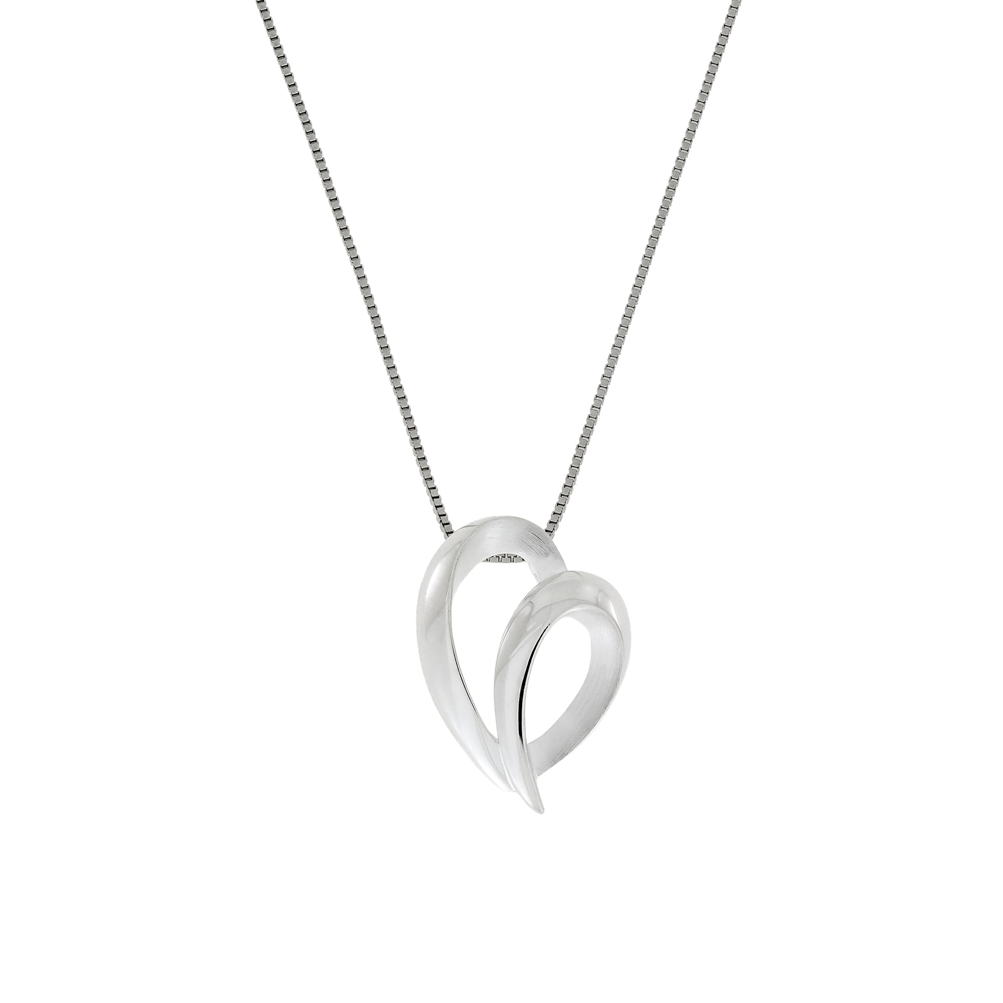 Sleek sterling silver pendant featuring an open heart design with smooth, flowing lines, suspended from a delicate fine chain for elegant, contemporary silver jewellery.