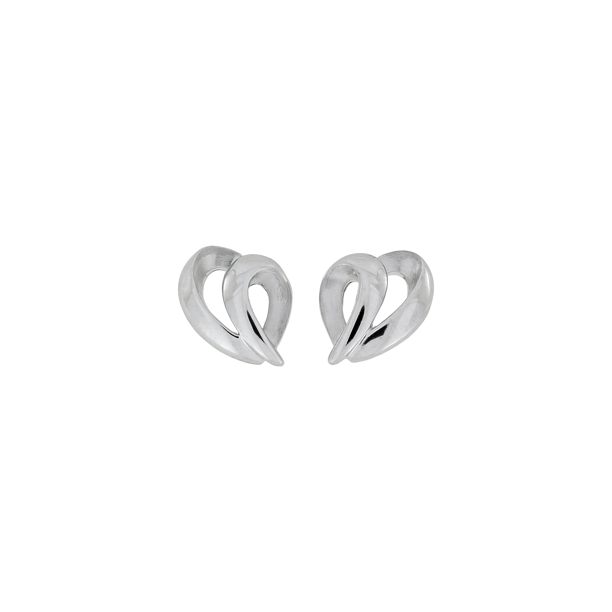Sterling silver stud earrings with a fluid, leaping heart-inspired shape, combining smooth curves and polished surfaces for a refined contemporary jewelry statement.