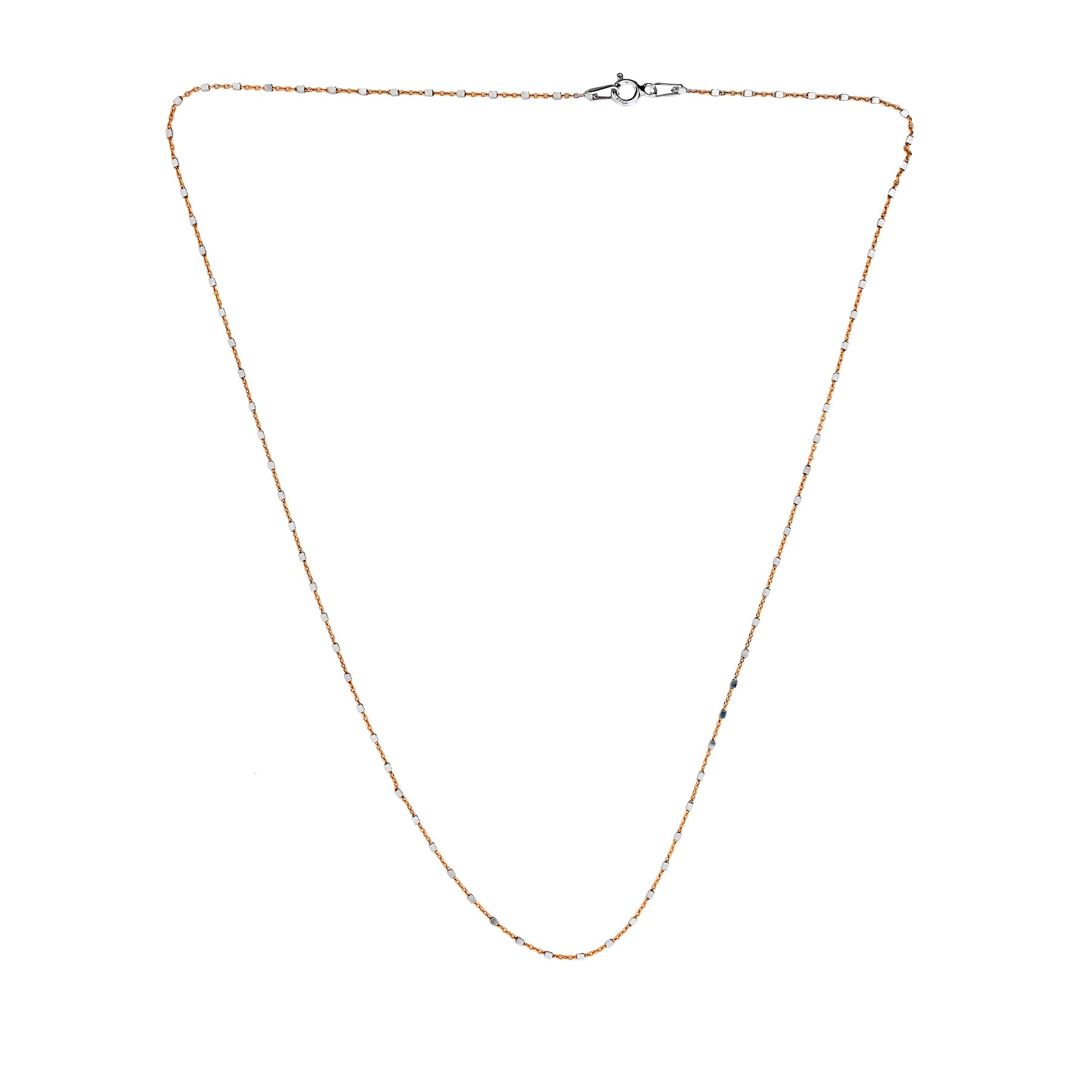 Delicate sterling silver necklace featuring a fine chain interspersed with small sculptural cube details, showcasing refined contemporary silver jewellery design by Azendi.