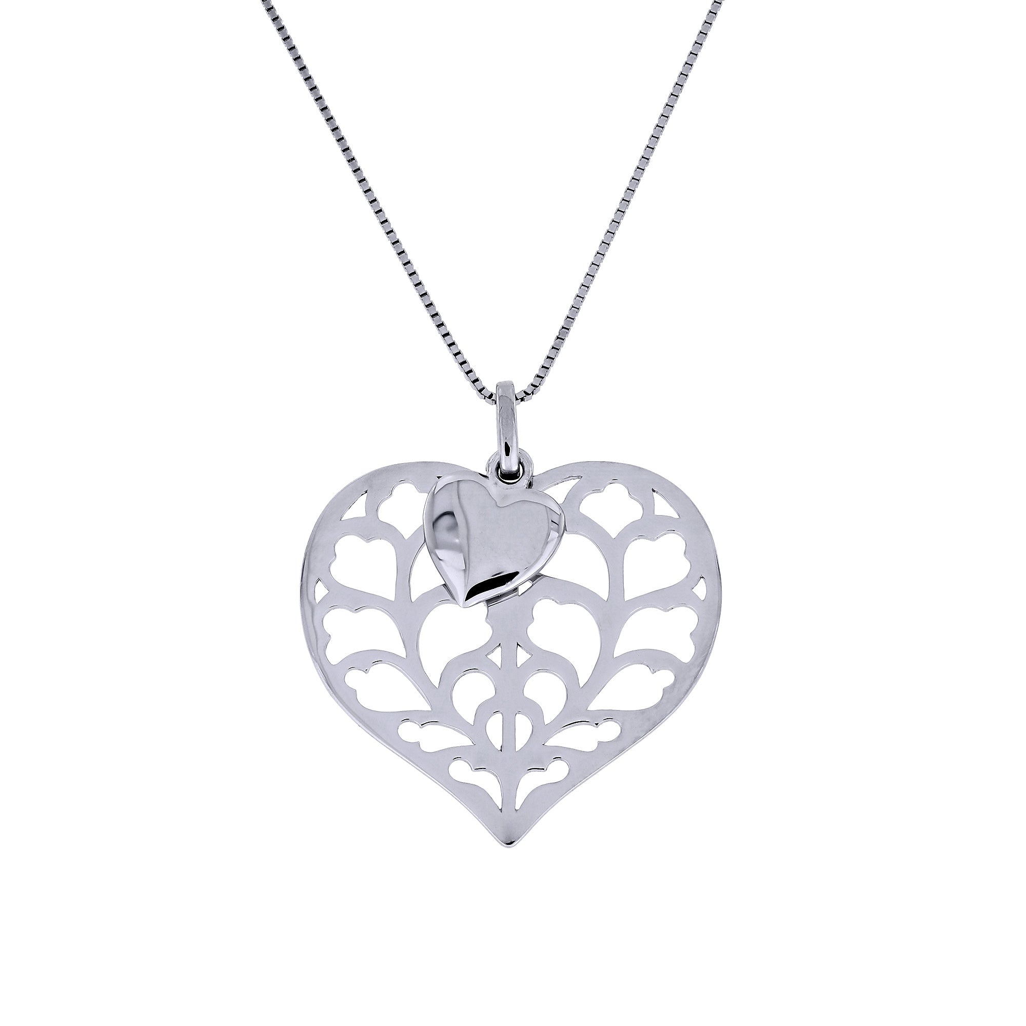 Sterling silver pendant combining a solid heart atop a larger openwork heart featuring sculptural cut-out detailing, suspended on a fine silver chain.