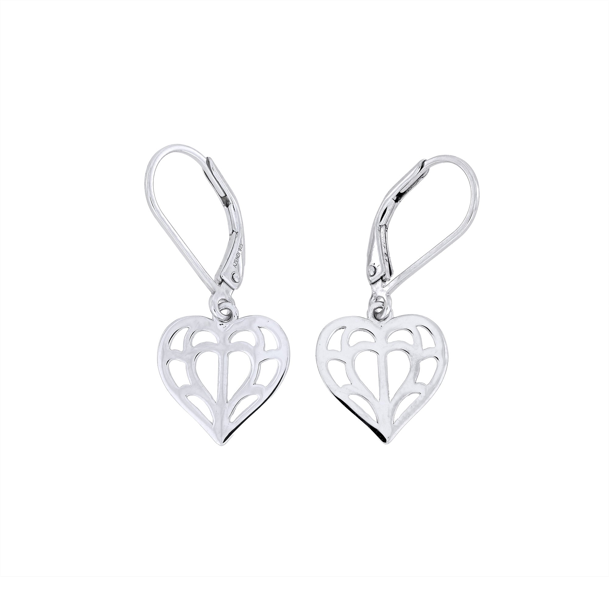 Pair of sterling silver drop earrings featuring openwork heart-shaped charms inspired by Yorkshire, with smooth polished surfaces and secure lever-back clasps.