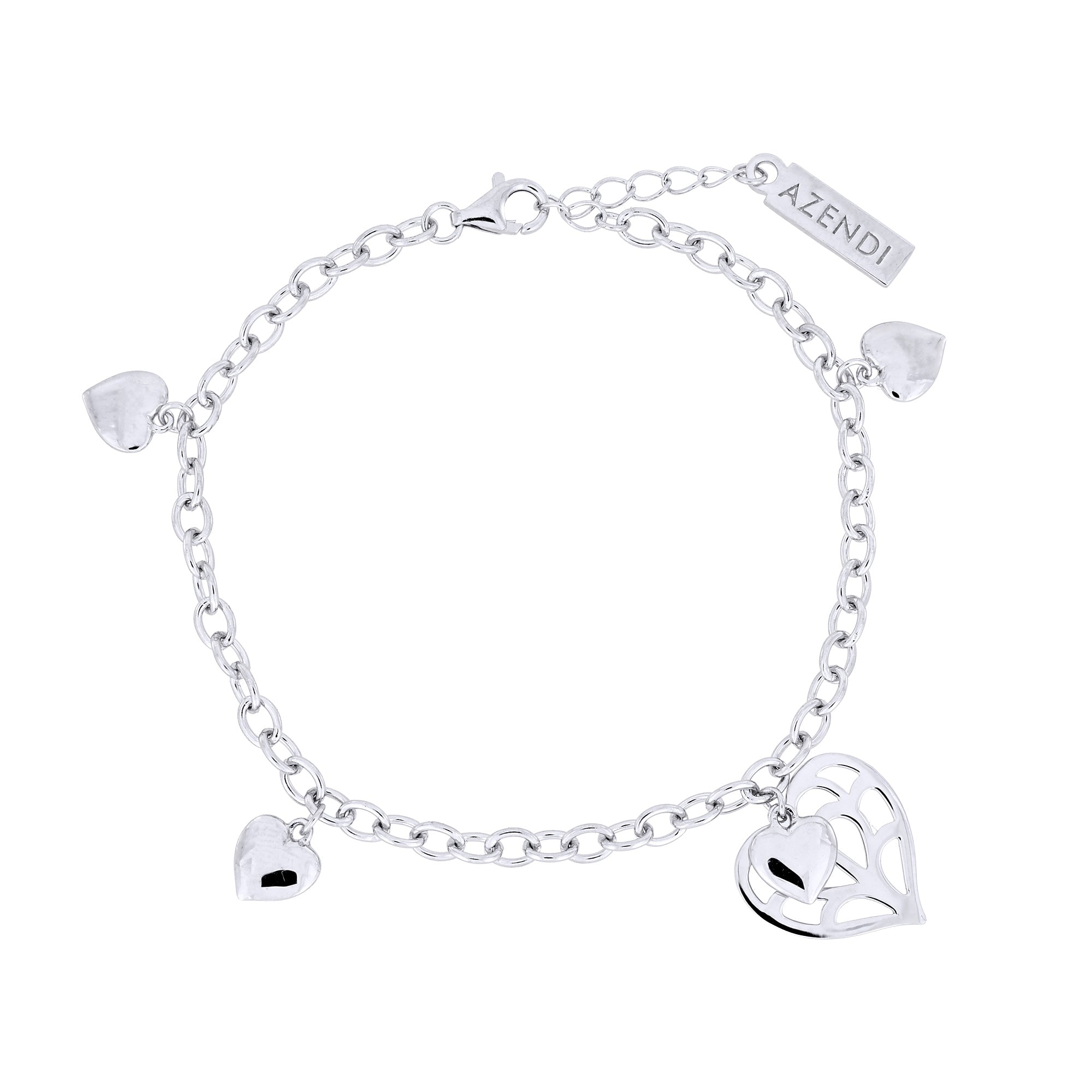 Sterling silver bracelet with an adjustable chain featuring four polished heart charms and a larger openwork heart pendant inspired by Yorkshire