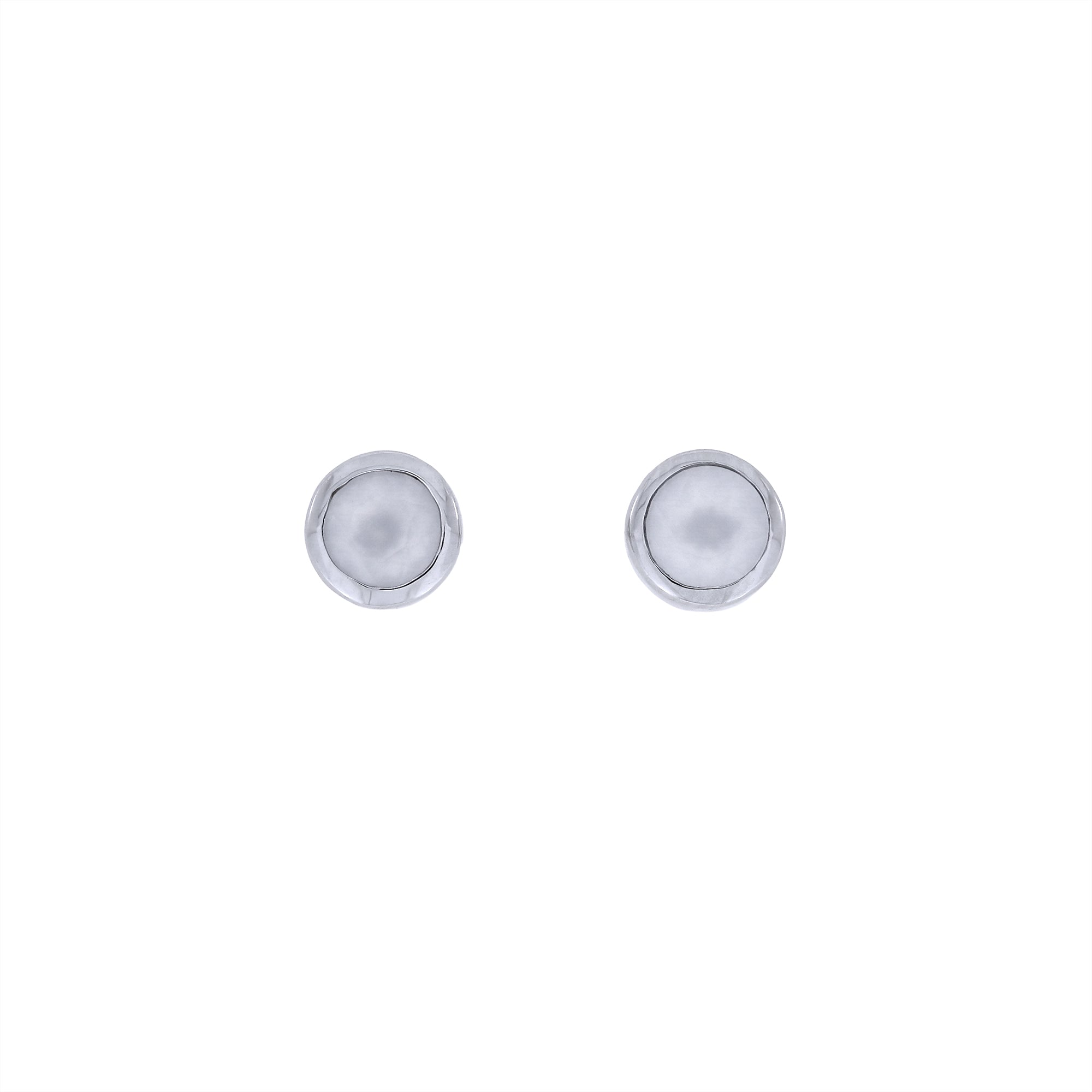 Round stud earrings crafted in sterling silver featuring smooth aqua chalcedony stones, showcasing a minimalist and elegant design by an award-winning British jeweller.