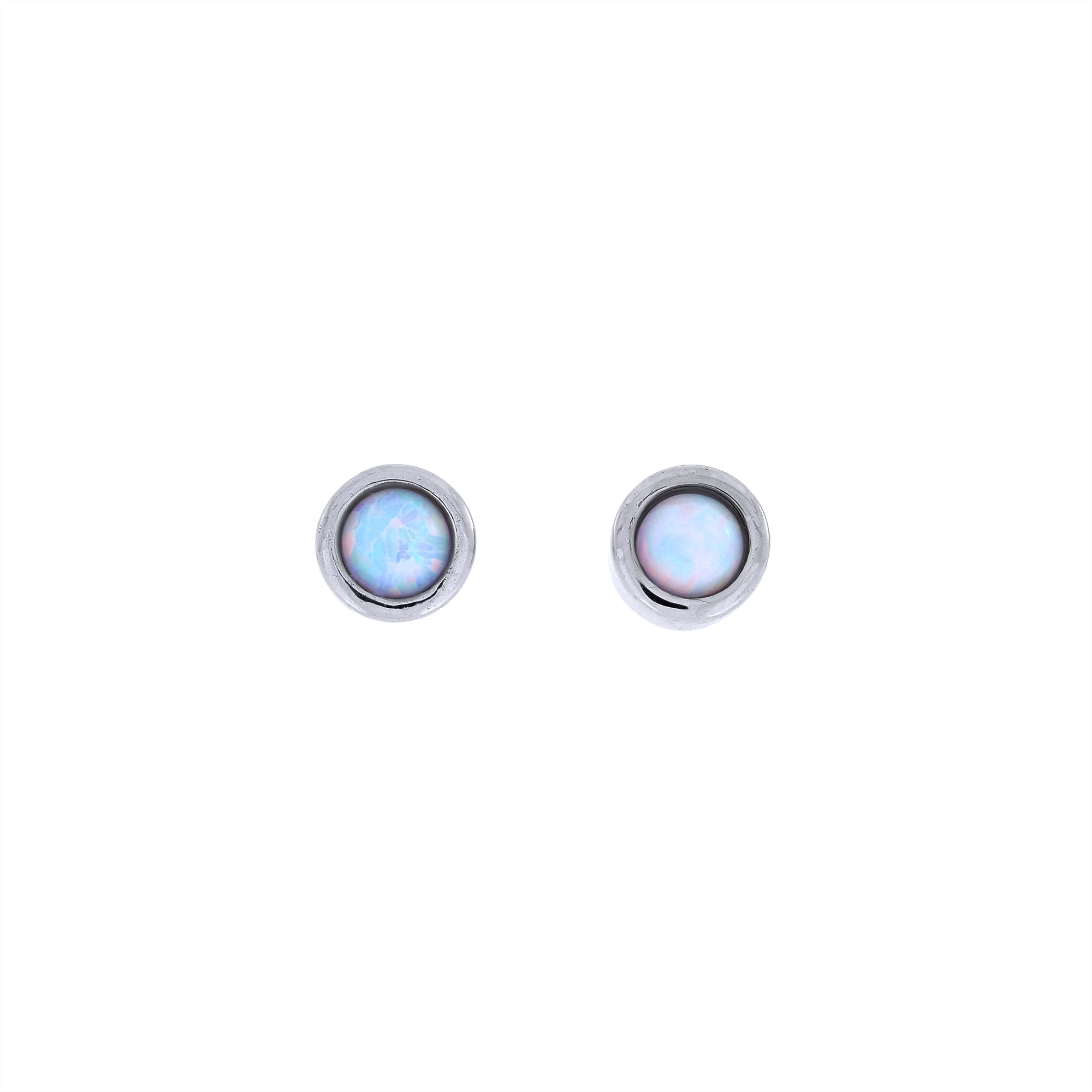 Pair of sterling silver stud earrings featuring round opal gemstones, showcasing subtle iridescence and a minimalist, handcrafted design by an award-winning British jeweller.