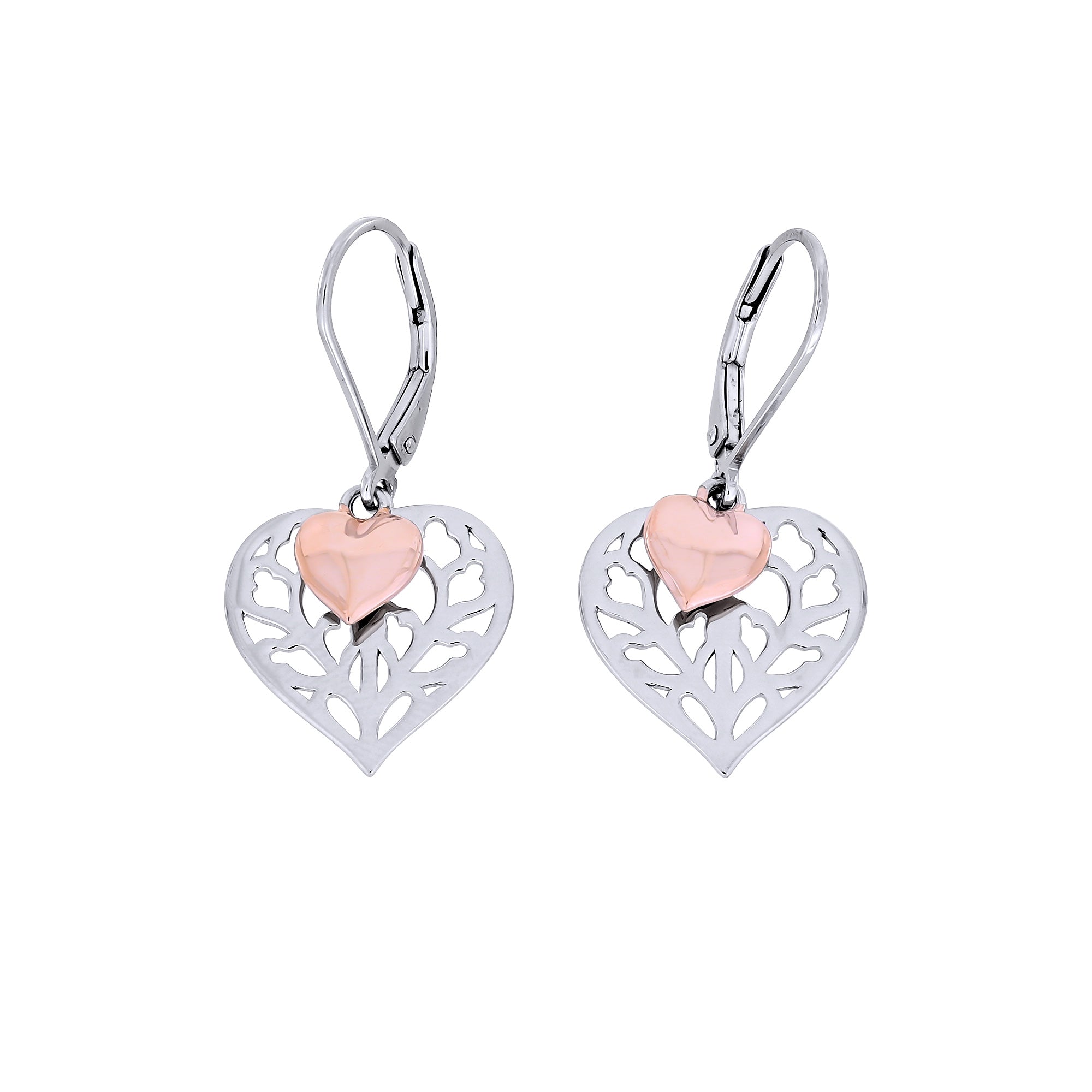Pair of sterling silver drop earrings featuring a double heart motif with a rose gold vermeil heart suspended over an intricate openwork silver heart, designed for elegant wear.