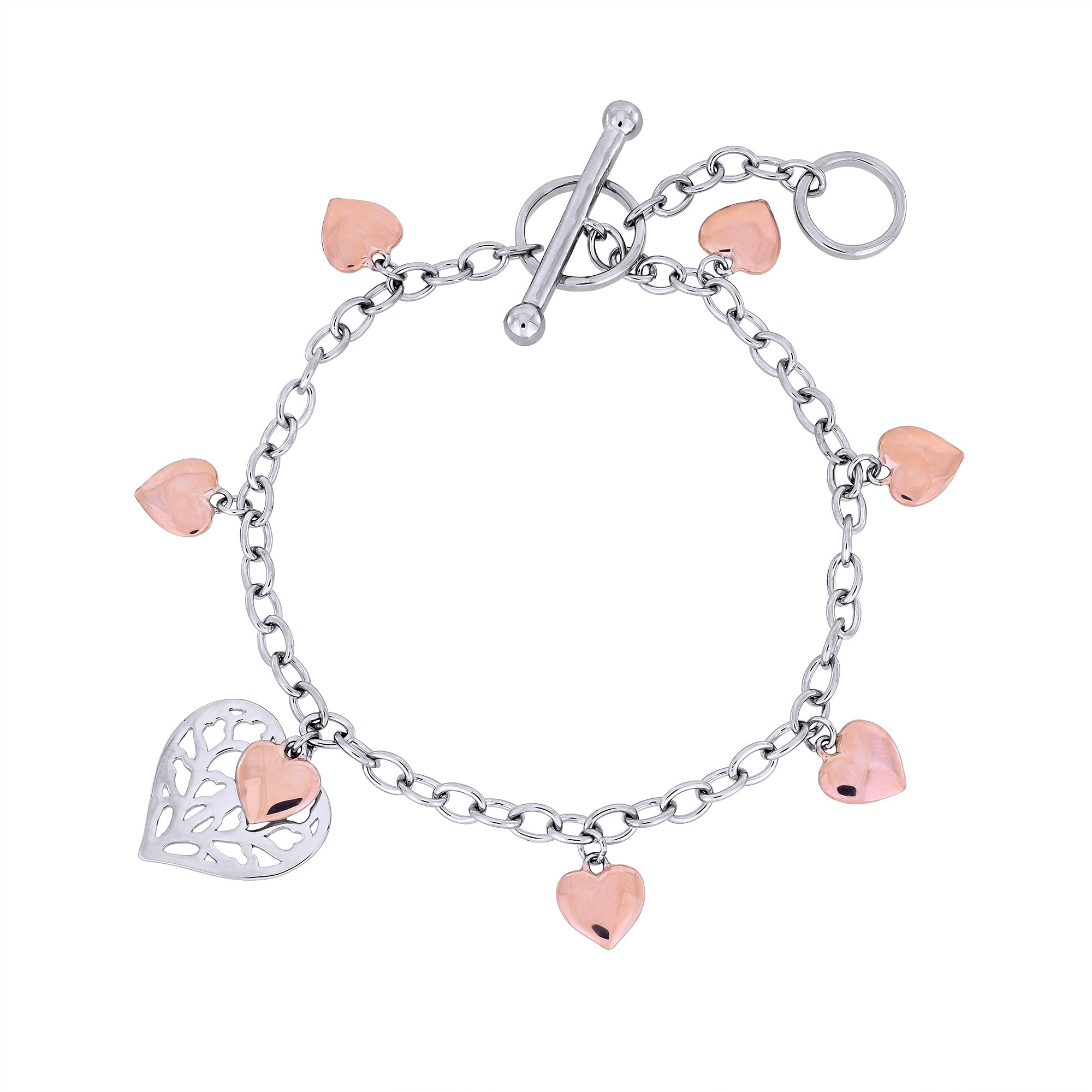 Sterling silver bracelet with rose gold vermeil heart charms and a delicate openwork heart detail, secured by a T-bar clasp, combining elegant sculptural design and fine craftsmanship.