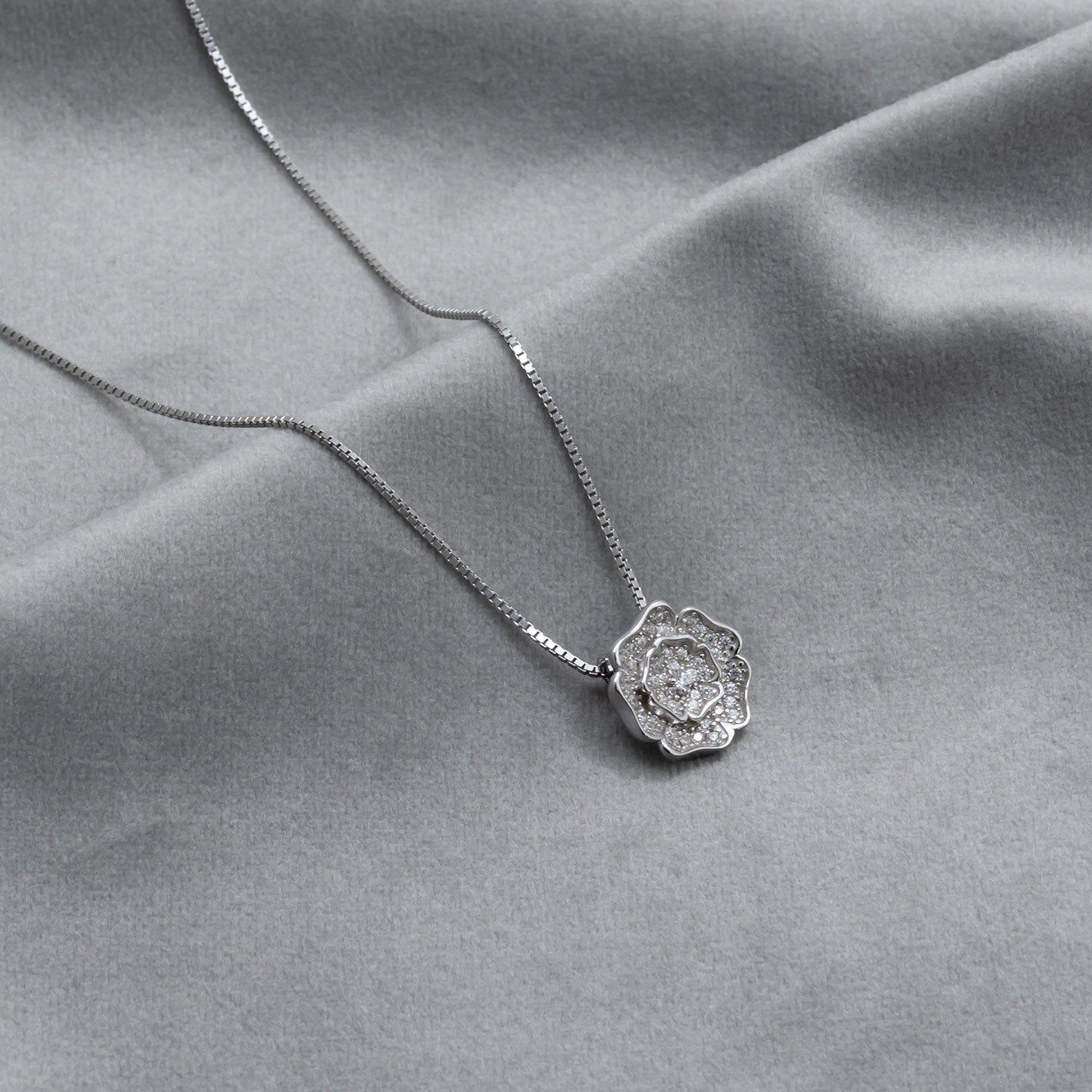 Sterling Silver Yorkshire Rose Necklace - Pavé