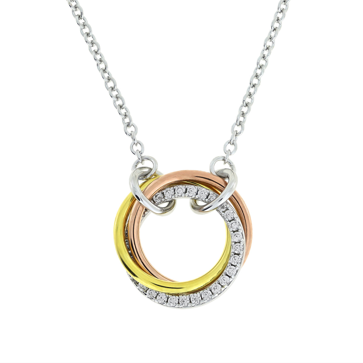 Delicate sterling silver necklace featuring intertwined circular pendants with pavé detailing and a touch of gold vermeil, embodying elegant contemporary design.