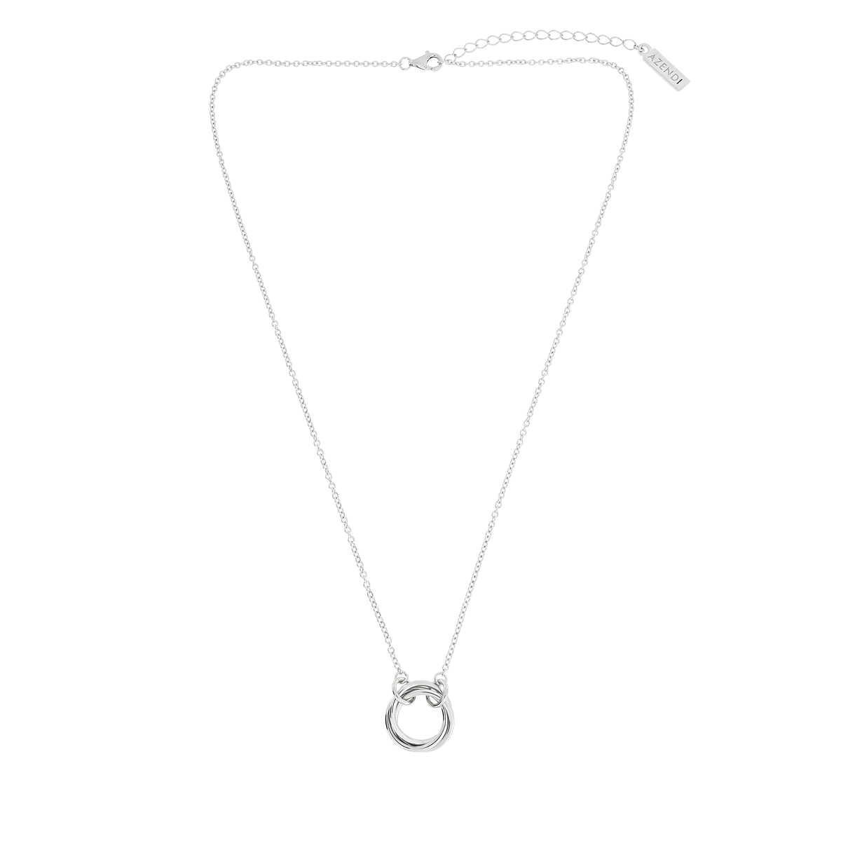 Delicate sterling silver necklace featuring an intertwined love knot pendant suspended on a fine chain with an adjustable extension and branded clasp tag.
