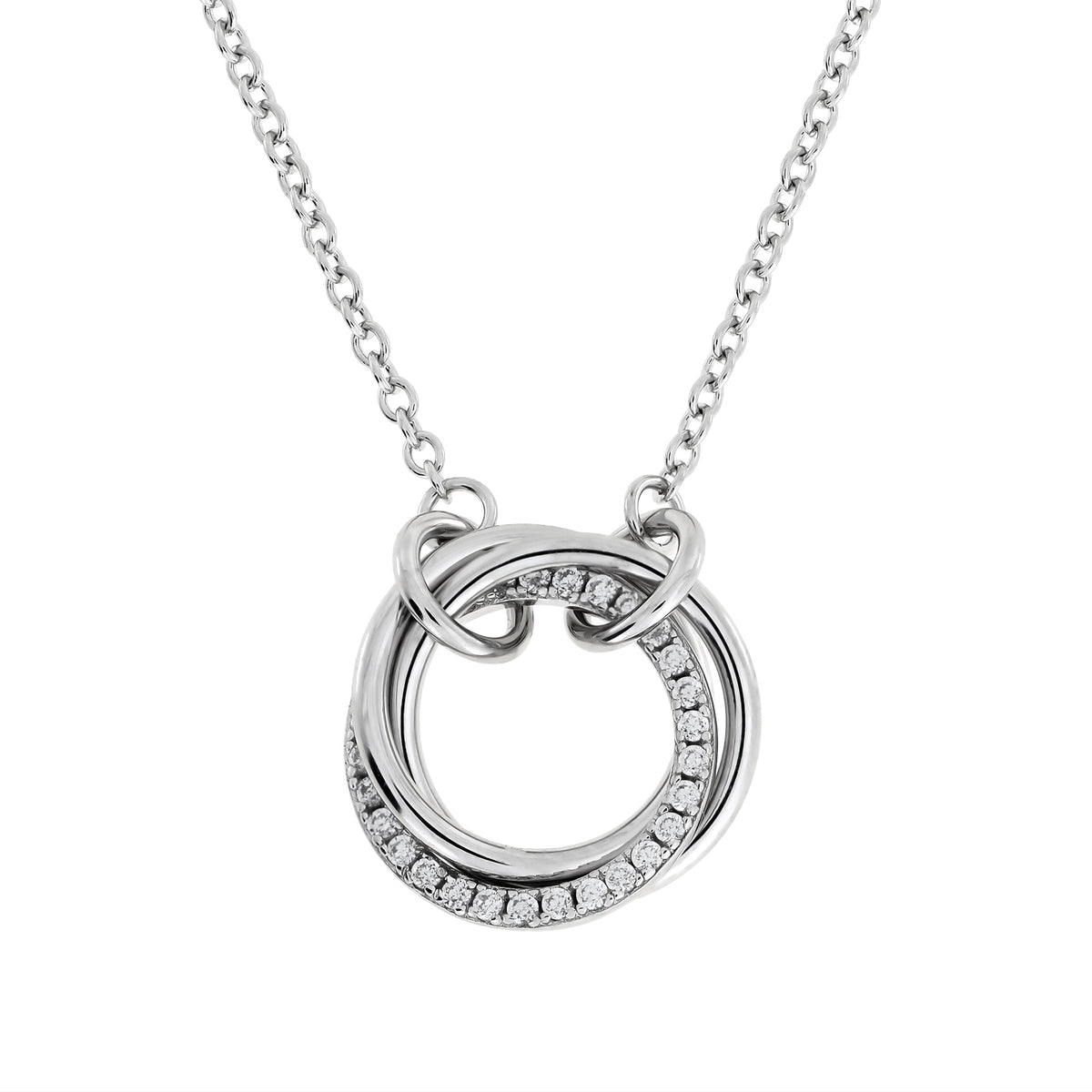 Sterling silver necklace featuring a sculptural triple circle love knot pendant adorned with pavé detailing, showcasing refined British silver jewellery design.