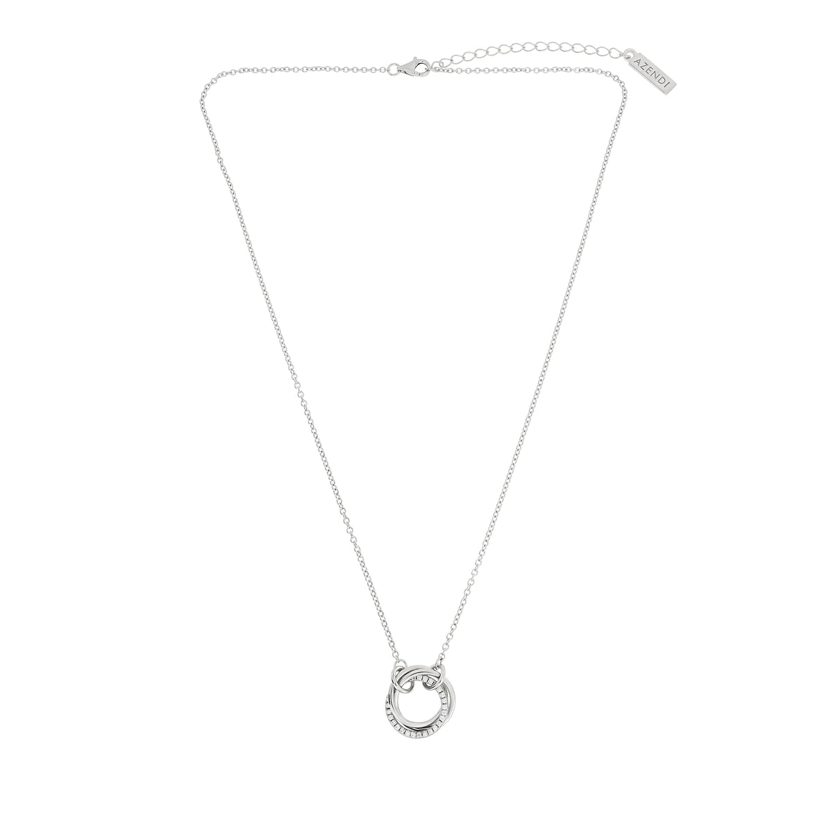 Sterling silver necklace featuring an intertwined triple circle pendant adorned with pavé detailing, suspended from a delicate chain with an adjustable clasp.