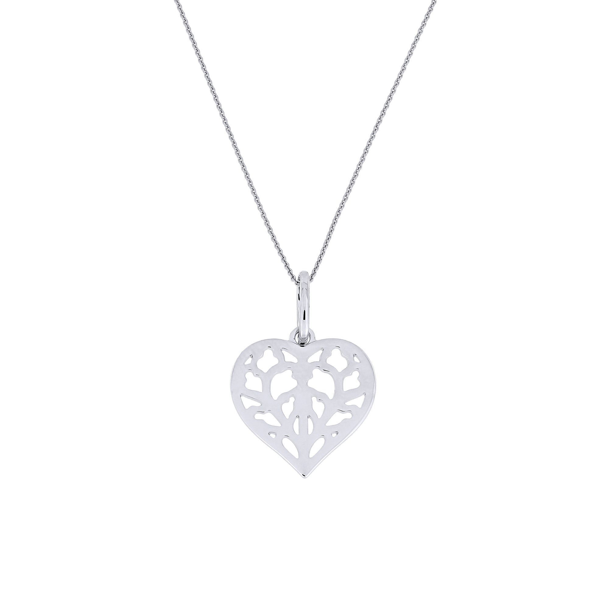 Delicate 9 carat white gold heart pendant featuring an openwork York Minster motif suspended on a fine chain, exemplifying refined contemporary jewellery design.