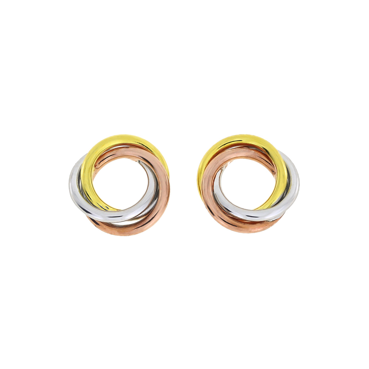Tri-color sterling silver stud earrings featuring an intricate interwoven knot design, combining polished silver, gold vermeil, and rose gold tones for a sculptural, contemporary look.