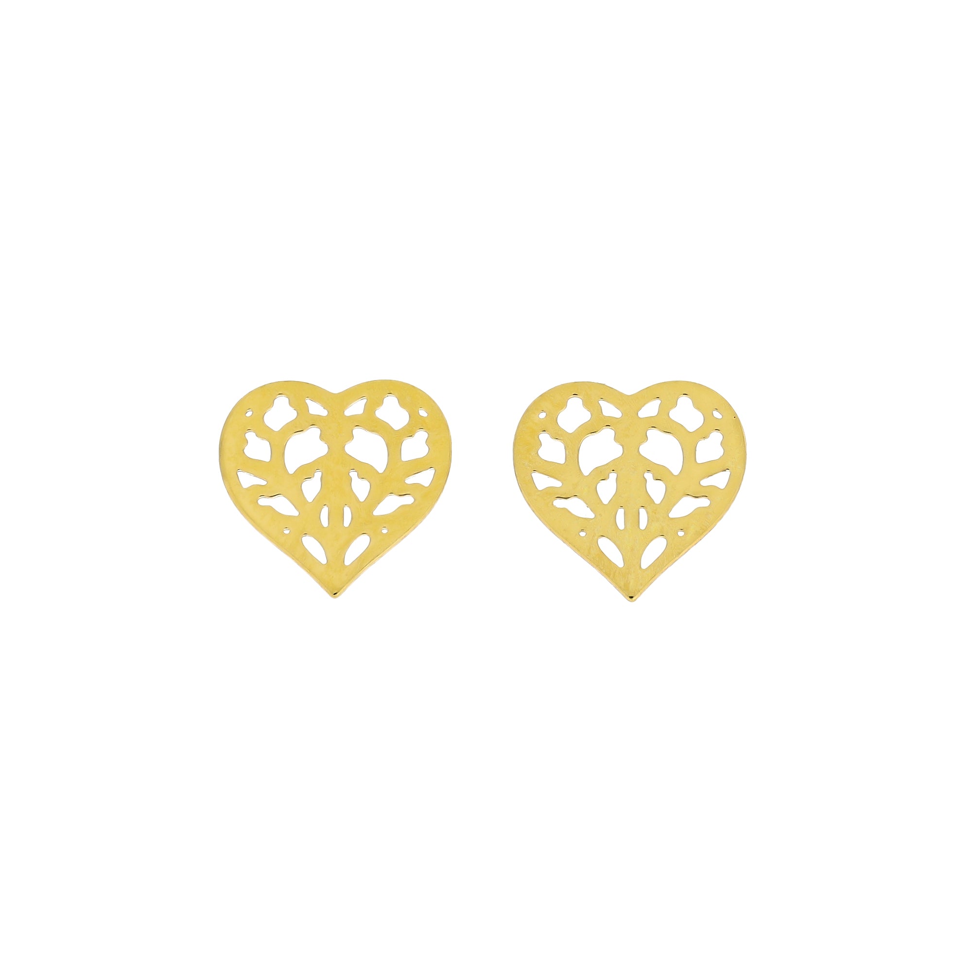 Pair of 9 carat yellow gold stud earrings featuring an openwork heart design inspired by York Minster, combining delicate craftsmanship with a contemporary sculptural aesthetic.