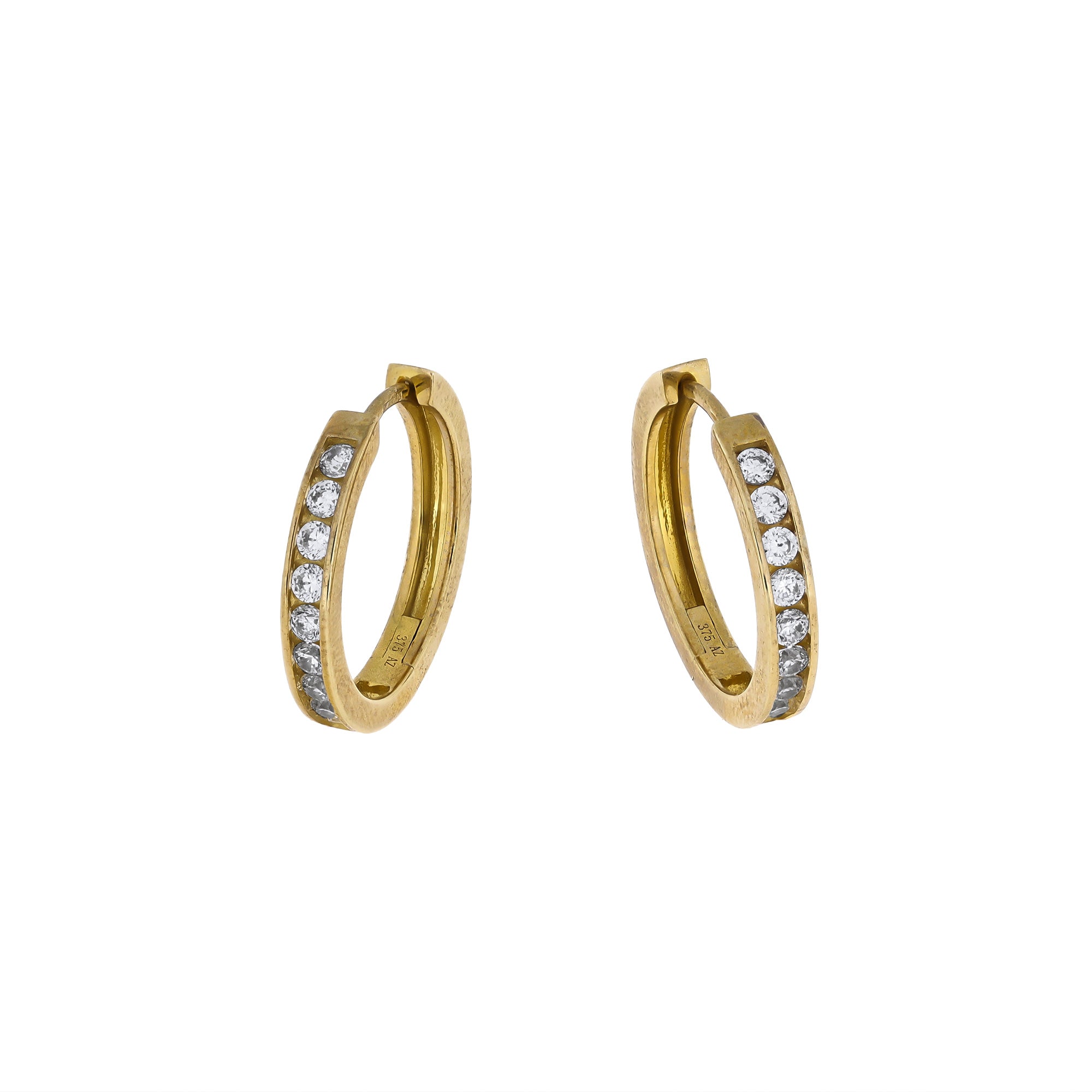 Pair of 9 carat gold hinge hoop earrings featuring a row of medium, clear stones for a refined and sculptural accessory with a modern elegance.