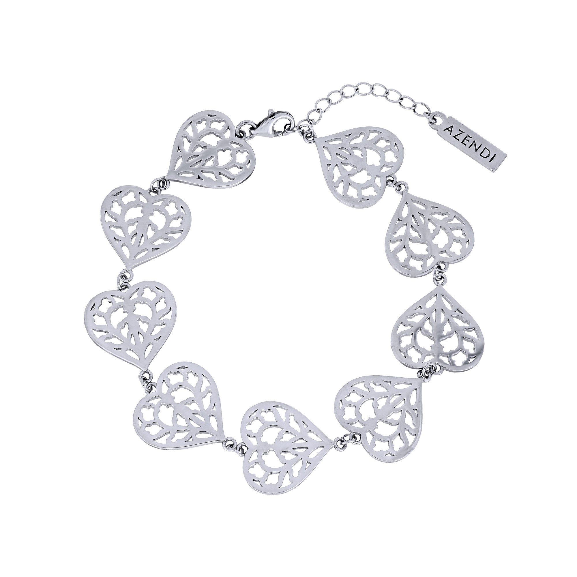 Sterling silver bracelet featuring a series of openwork heart links with intricate cut-out detailing, secured by a lobster clasp with an adjustable chain extension.