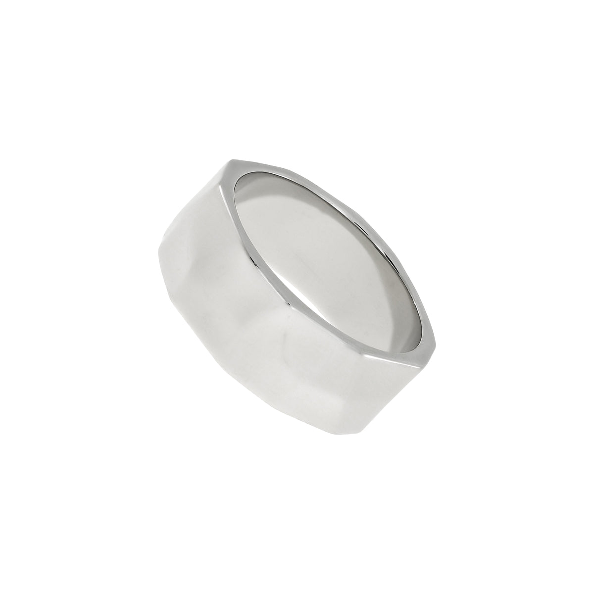 Polished sterling silver ring featuring a faceted band with a sculptural, geometric design, showcasing modern elegance in silver jewellery by Azendi.