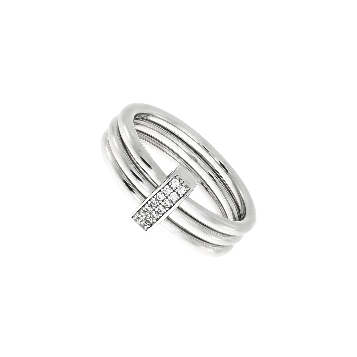Polished silver ring featuring three smooth interconnected loops with a central band adorned with sparkling cubic zirconia stones, exemplifying modern sterling silver design.