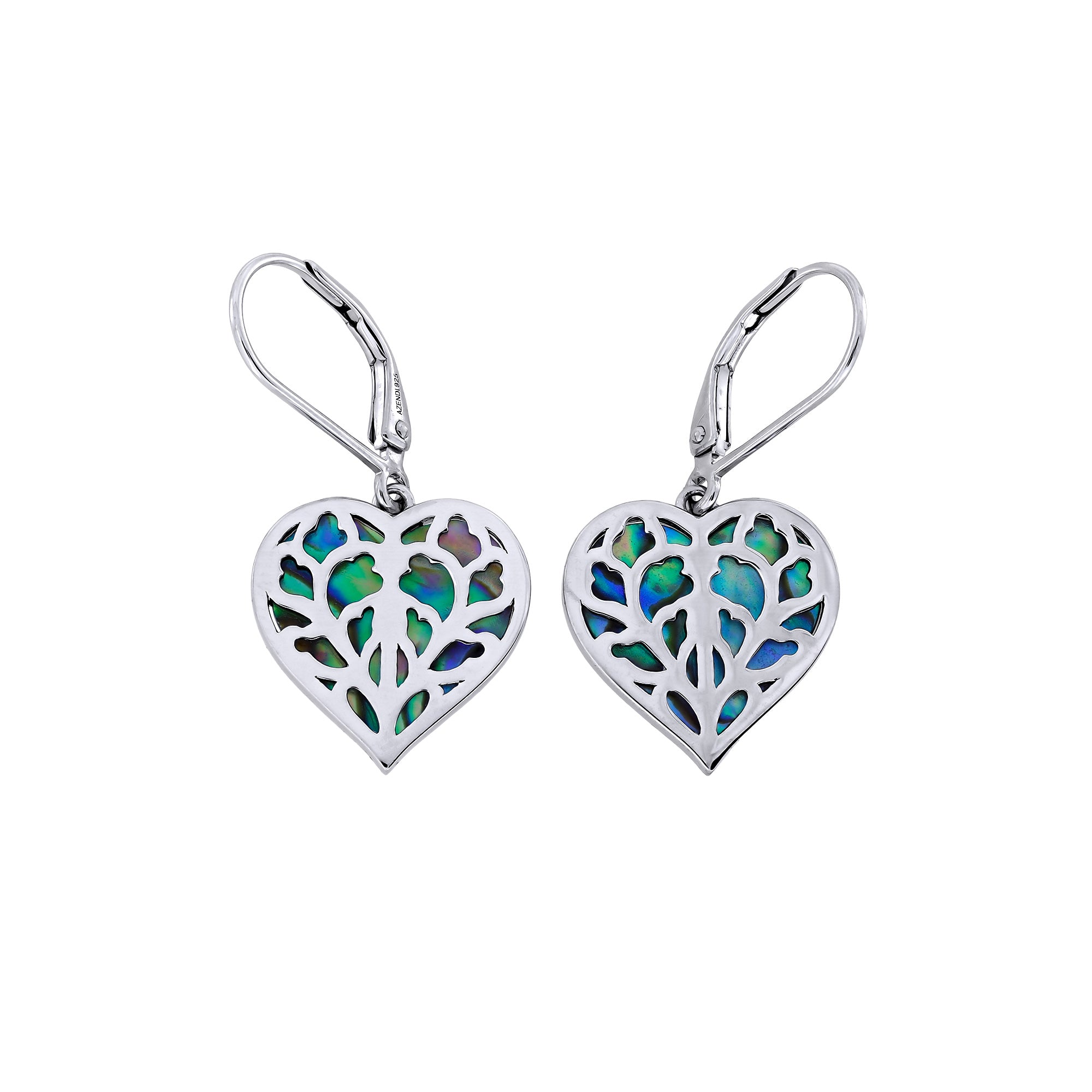 Pair of sterling silver heart-shaped drop earrings featuring intricate openwork design with iridescent abalone inlay, combining sculptural elegance with natural gemstone beauty.