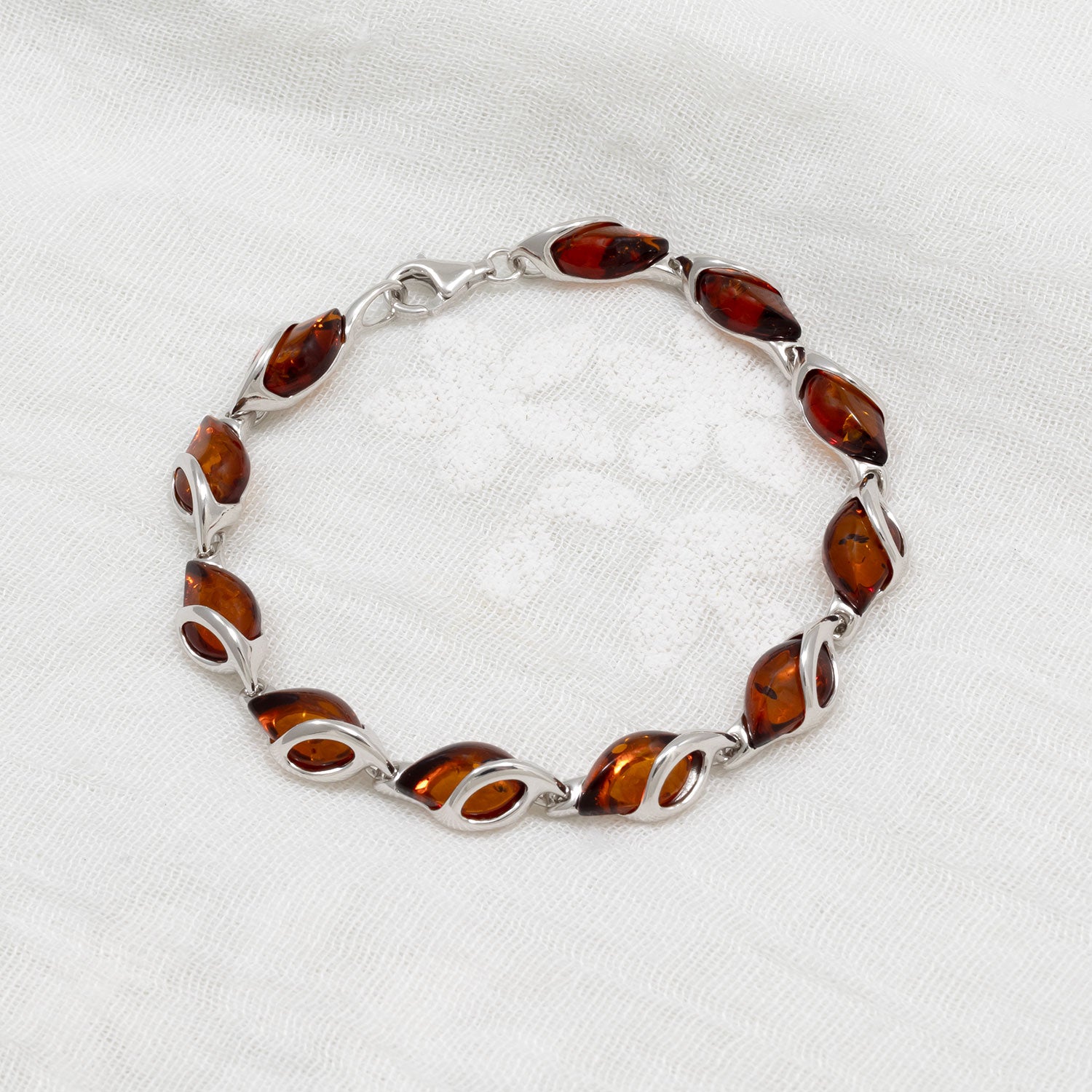 Silver Twist Amber Teardrop Links Bracelet