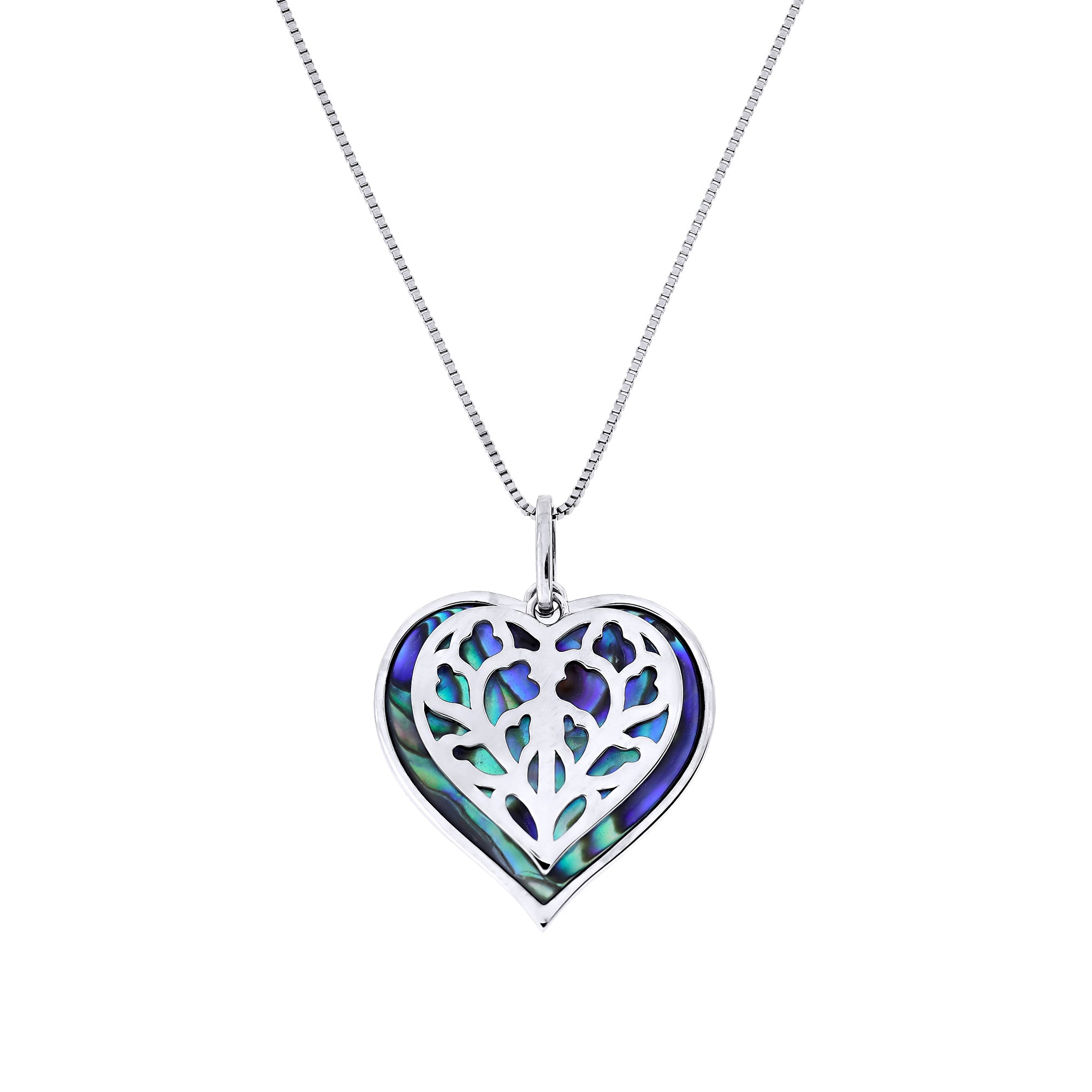 Sterling silver pendant featuring an intricate double heart design inlaid with vibrant abalone, suspended on a fine silver chain for elegant wear.