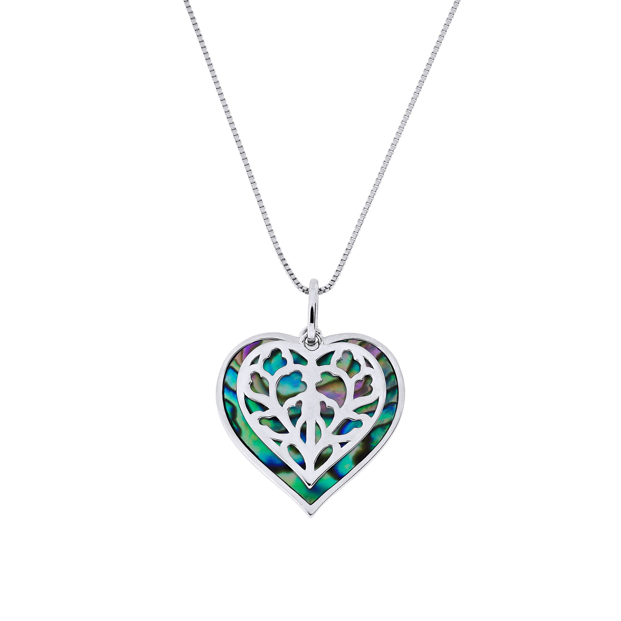 Sterling silver pendant featuring an intricate double heart design inlaid with vibrant abalone, suspended on a fine silver chain for elegant wear.