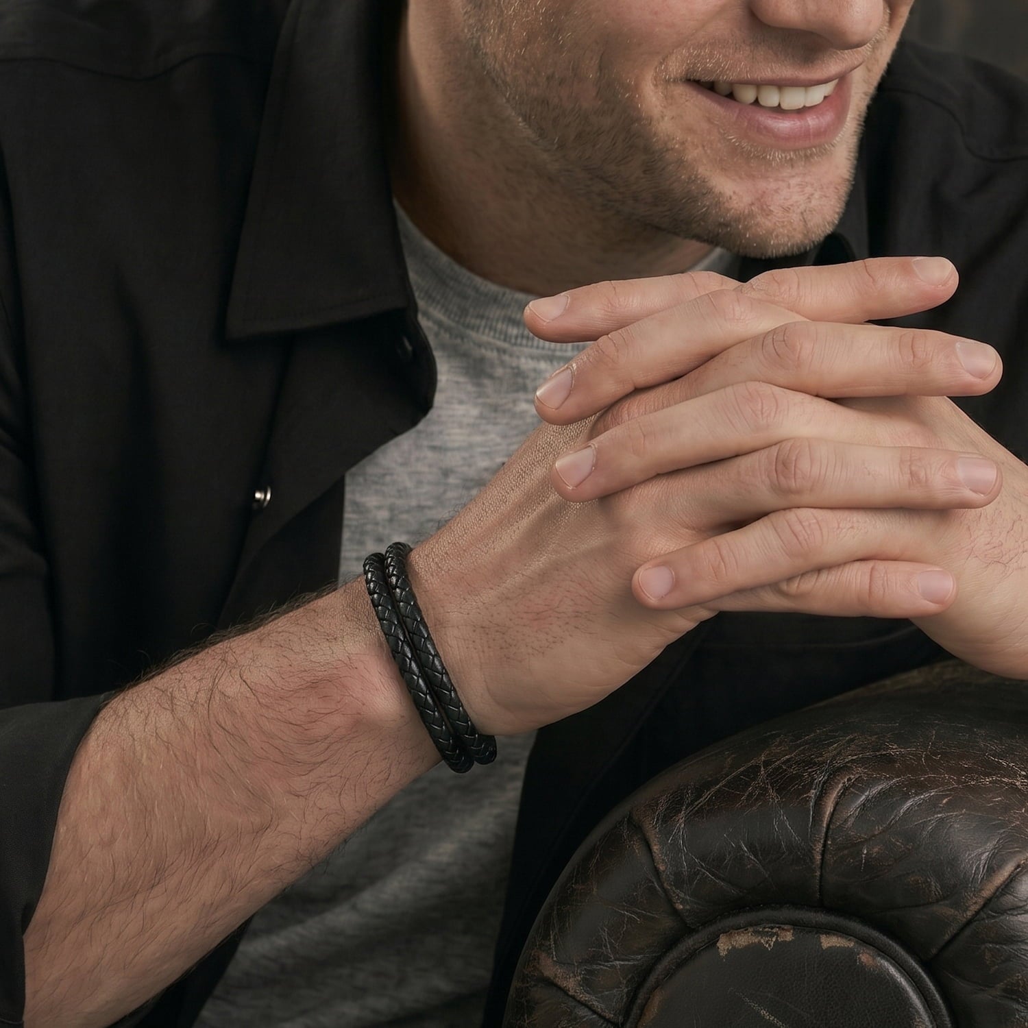 Black Double Strand Leather & Steel Men's Bracelet