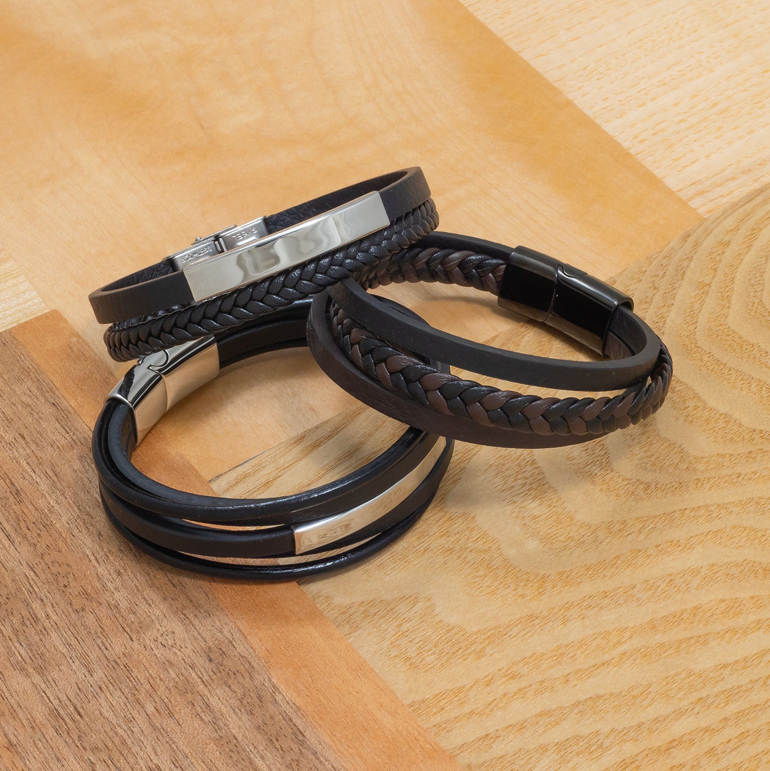 Black Double Strand Leather & Steel Men's Bracelet