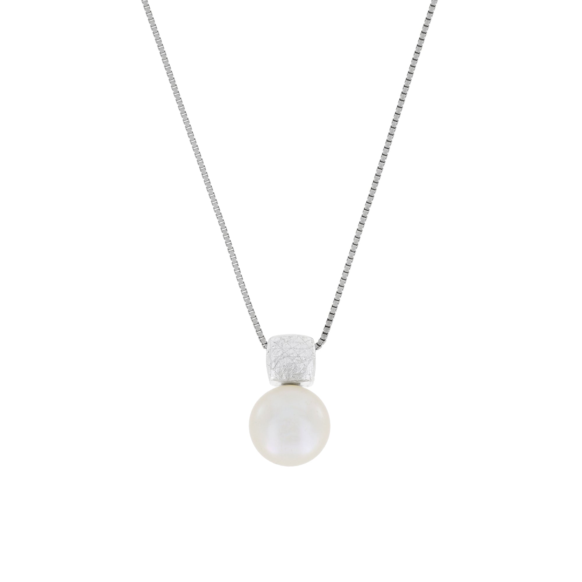 Sterling silver necklace featuring a cubist-inspired pendant with a polished freshwater pearl drop, suspended from a fine chain for a modern, elegant look.