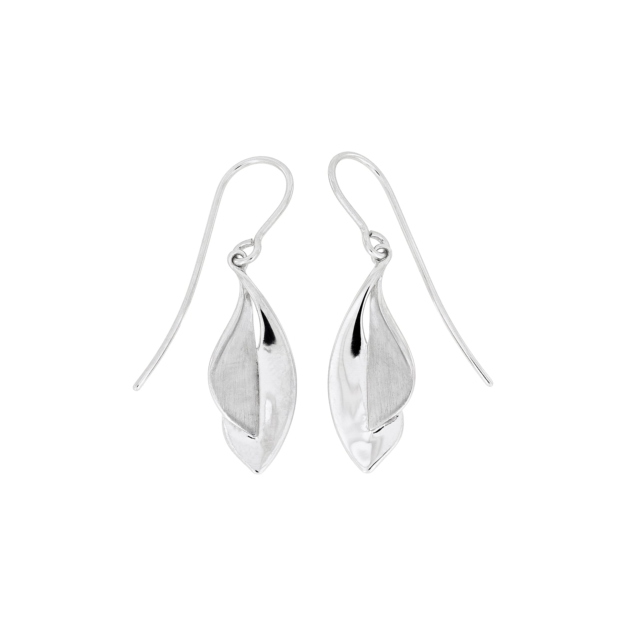 Pair of sterling silver drop earrings shaped as double leaves, featuring smooth, polished surfaces and a graceful, sculptural design for refined contemporary silver jewellery.