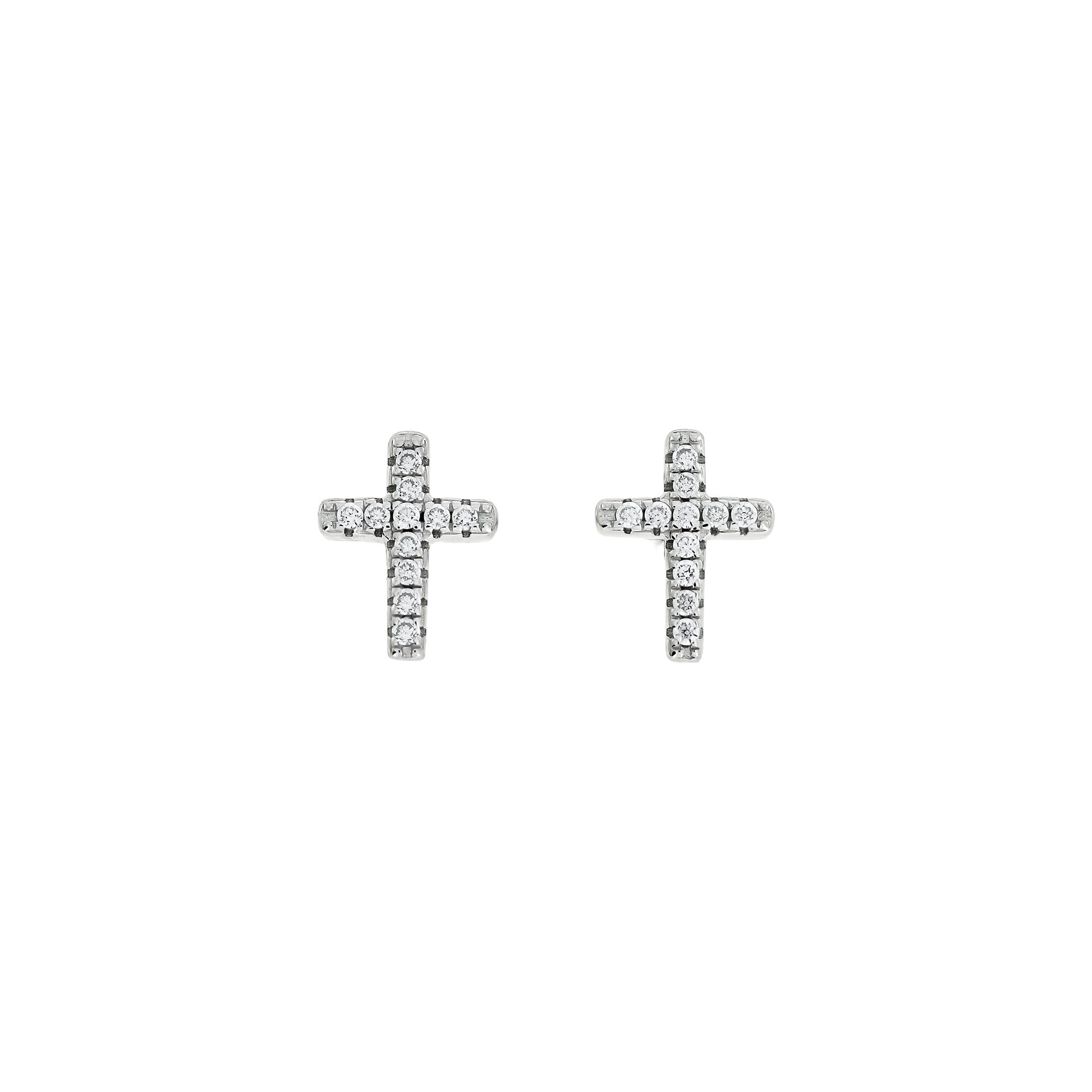 Sterling silver cross-shaped stud earrings adorned with pavé-set stones, featuring a classic post and butterfly fastening for a polished, elegant look.