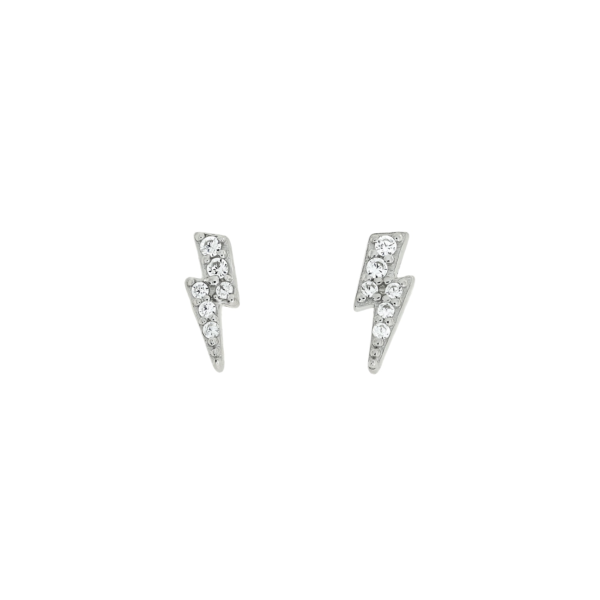 Pair of sterling silver stud earrings shaped like mini lightning bolts, each adorned with sparkling stones, exemplifying modern and sculptural silver jewellery by Azendi.